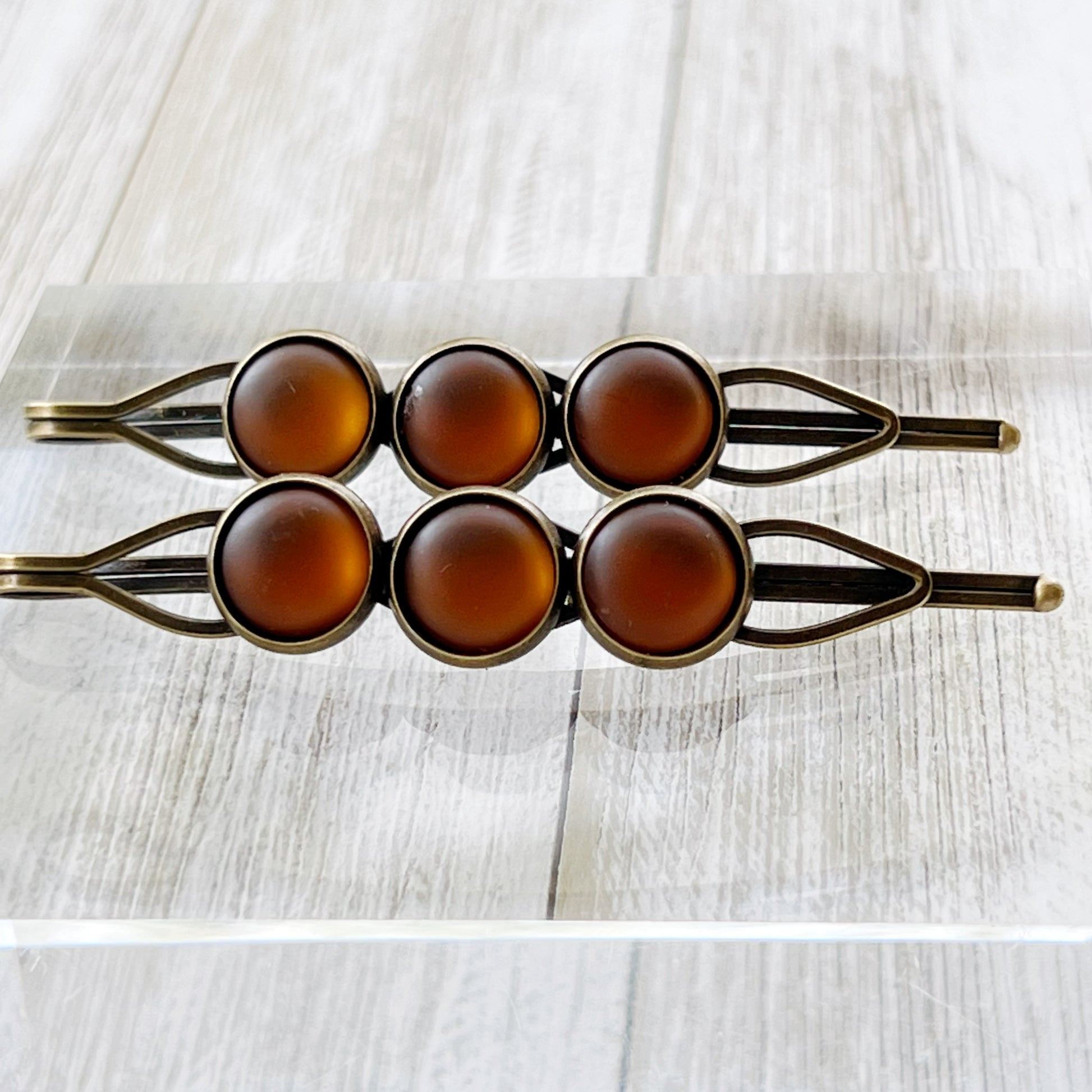 Satin Brown Rhinestone Hair Pins