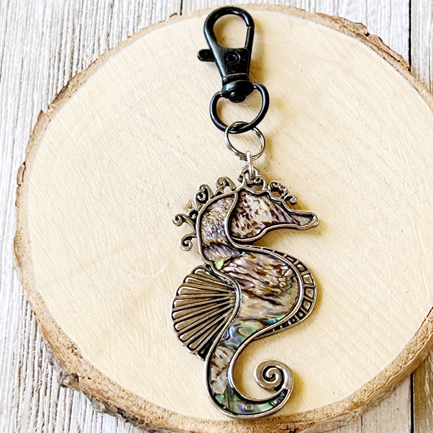 Seahorse Zipper Pull Keychain Charm with Natural Abalone: Coastal Elegance for Your Purse