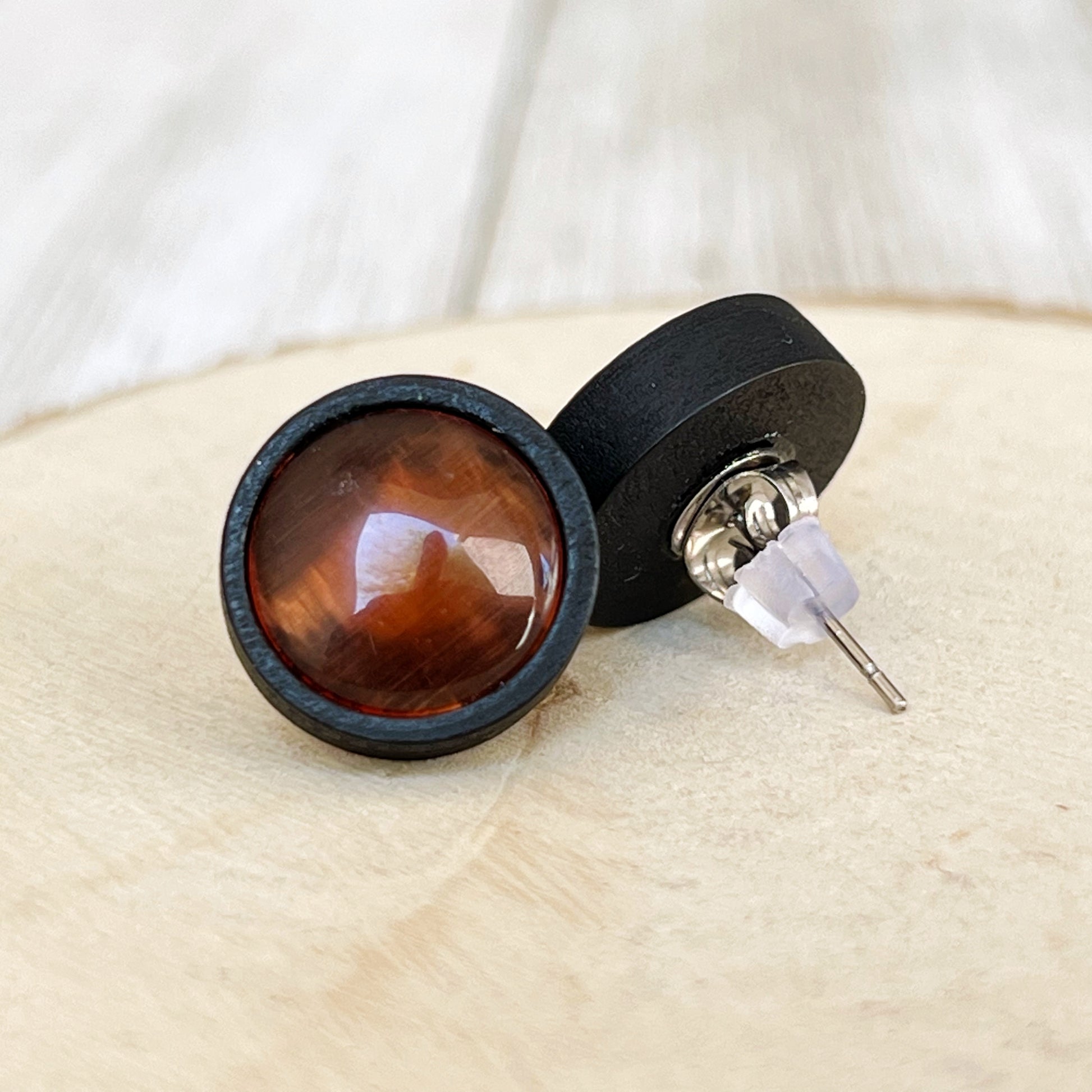 Orange Resin Black Wood Unisex Stud Earrings - Unique & Stylish Accessories