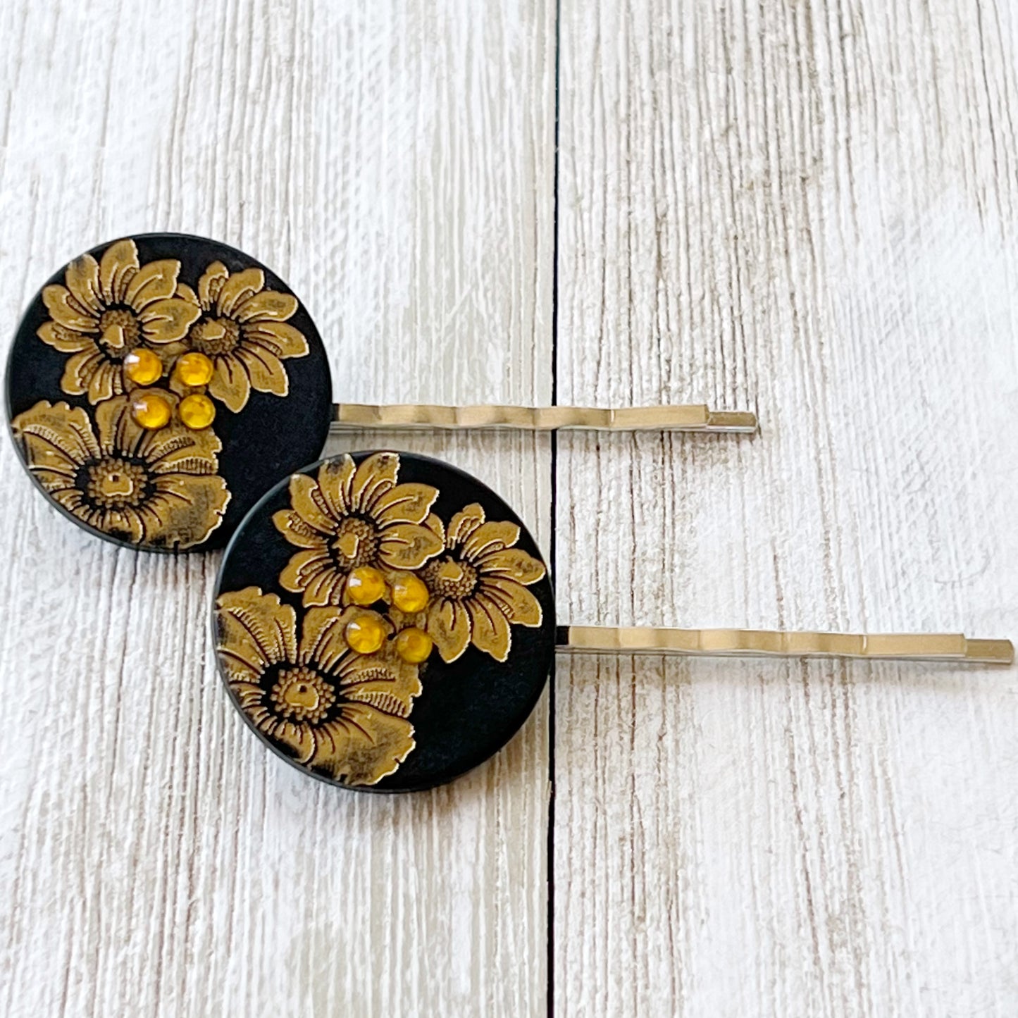 Black & Gold Sunflower Silver Bobby Pins Set - Elegant Floral Hair Accessories