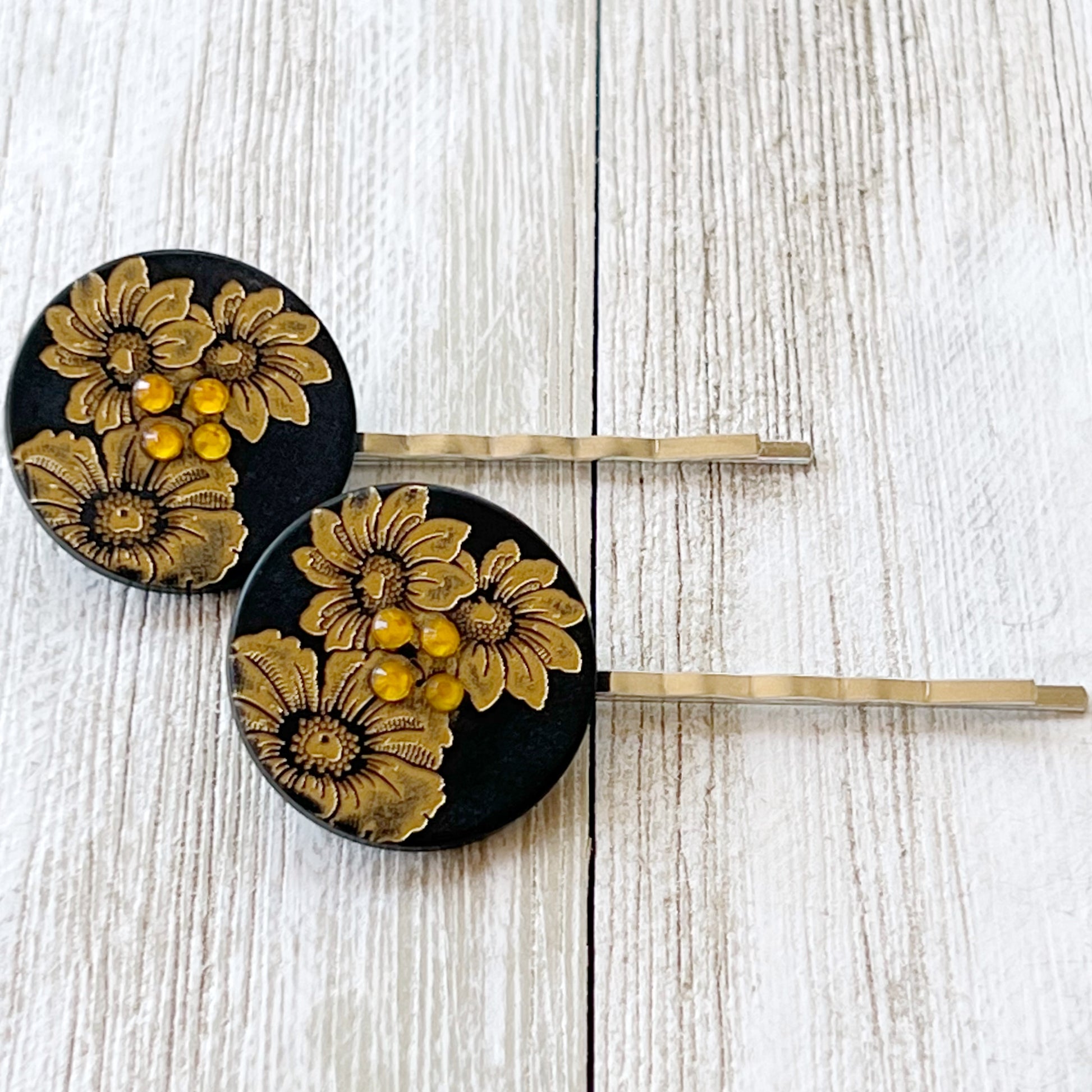 Black & Gold Sunflower Silver Bobby Pins Set - Elegant Floral Hair Accessories