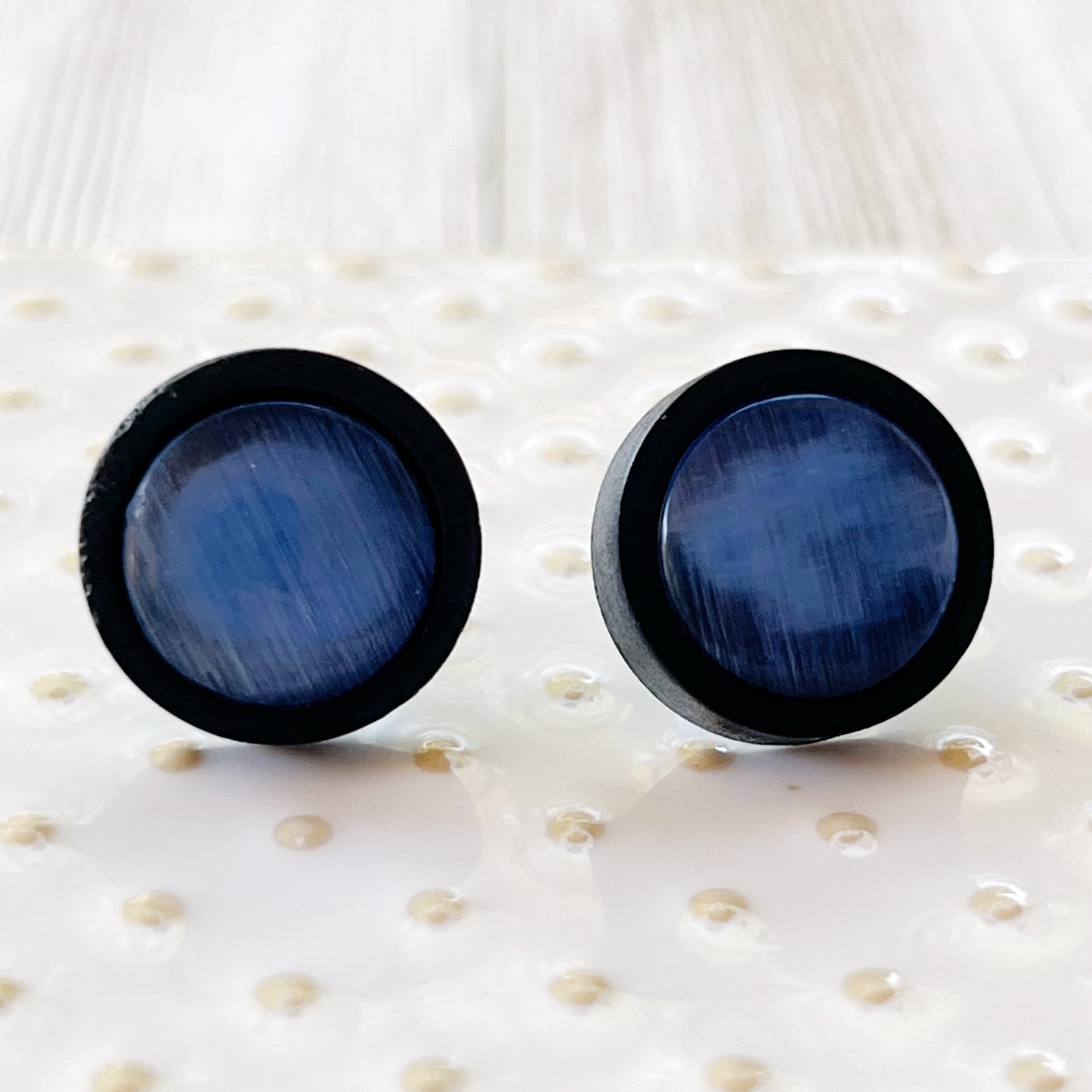 Blue Glass Black Wood Unisex Stud Earrings - Stylish & Versatile Accessories