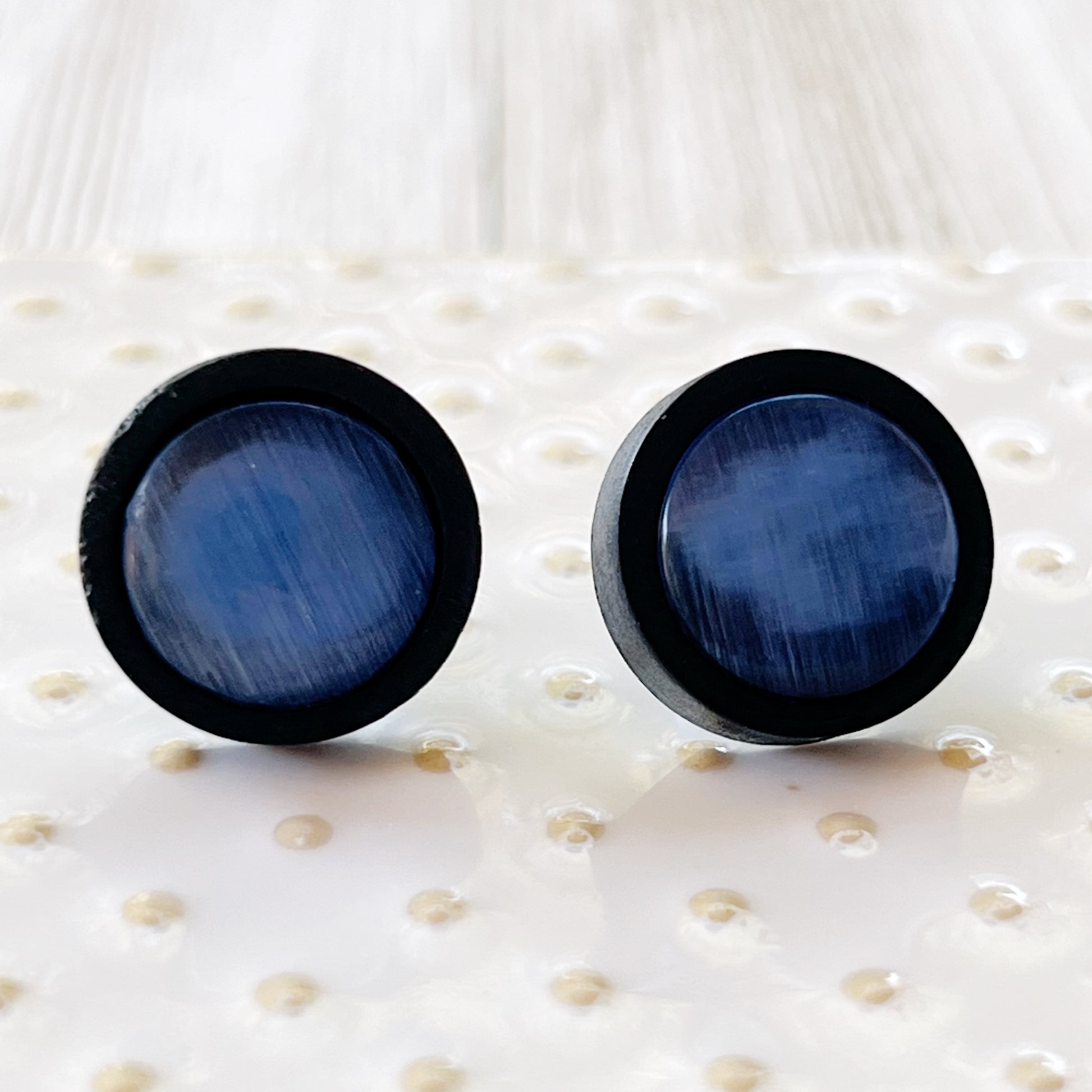 Blue Glass Black Wood Unisex Stud Earrings - Stylish & Versatile Accessories