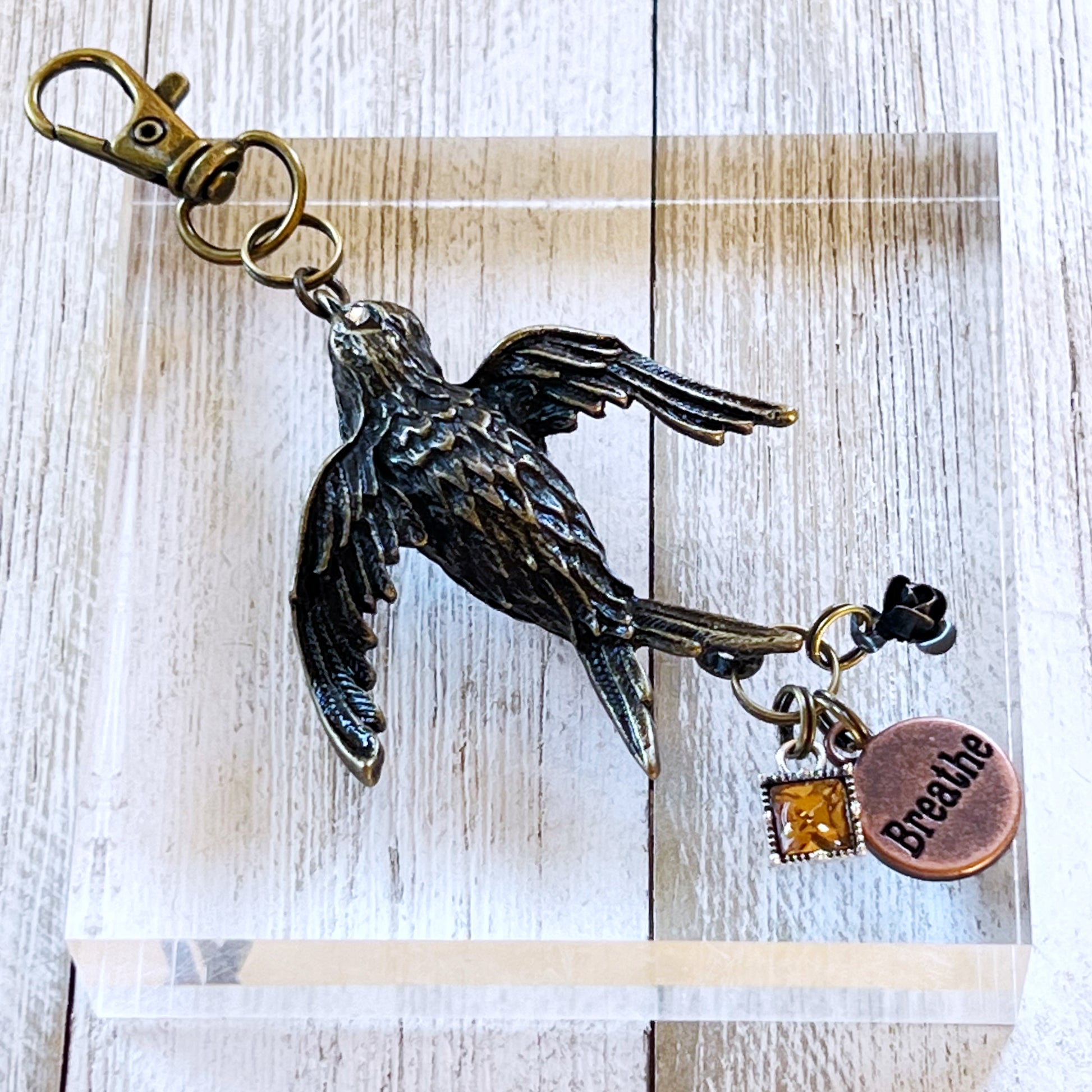 Large Metal 'Breathe' Bird Charm with Rhinestone and Flower Accents - Perfect for Keychain or Purse Decoration