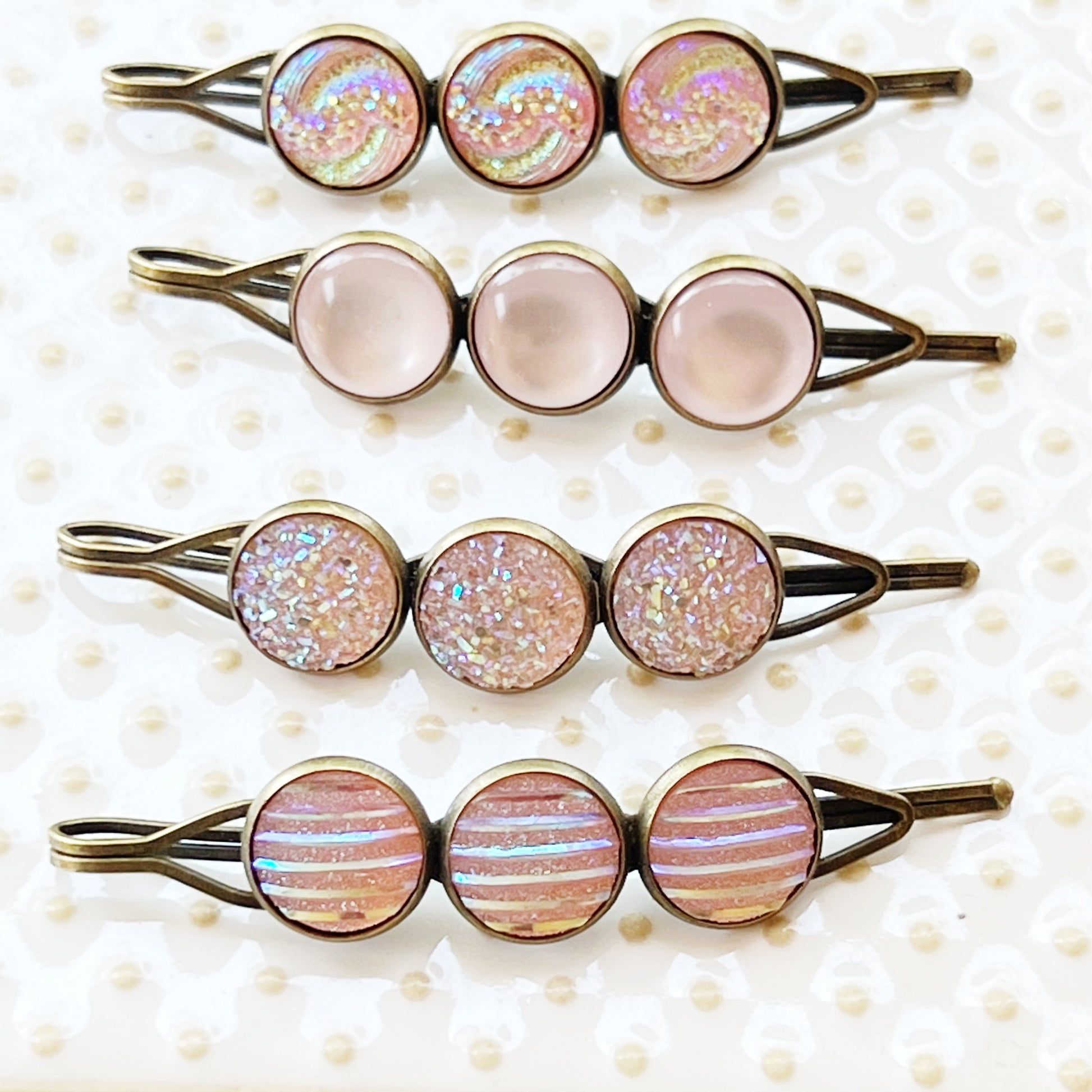 Pink Glitter Druzy Hair Pins - Set of 4 with Unique Pattern Designs