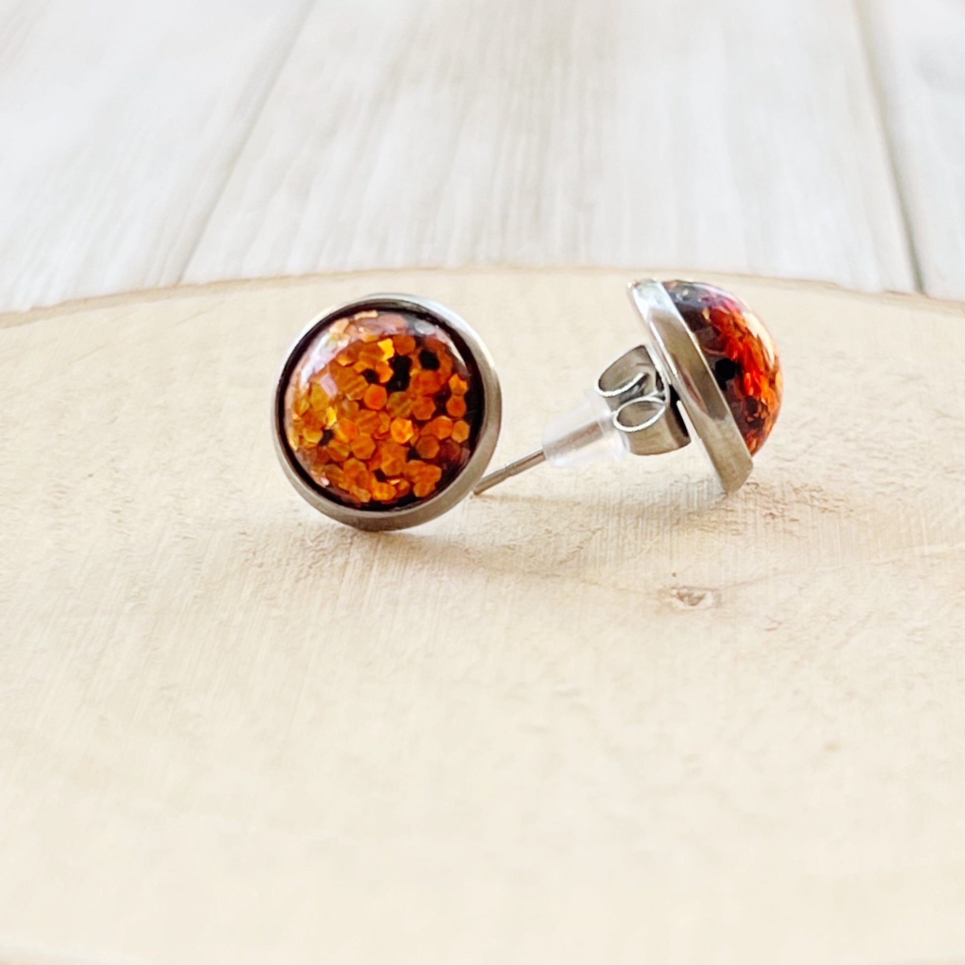 Orange Glitter 10mm Silver Stud Earrings - Sparkling and Elegant Accessories