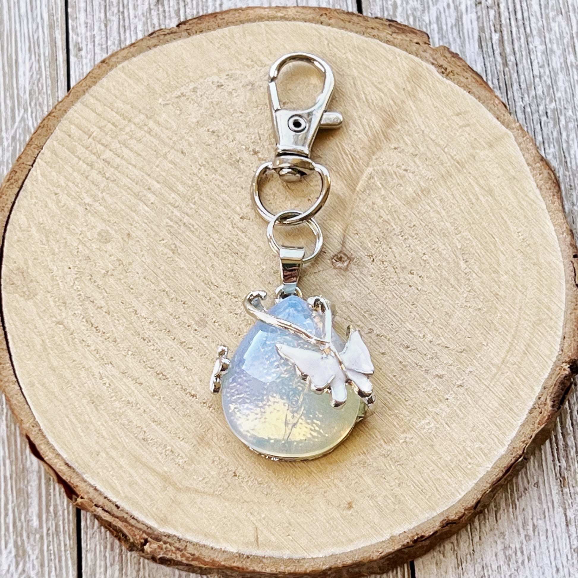 White Butterfly Wrapped Stone Zipper Pull Keychain Charm