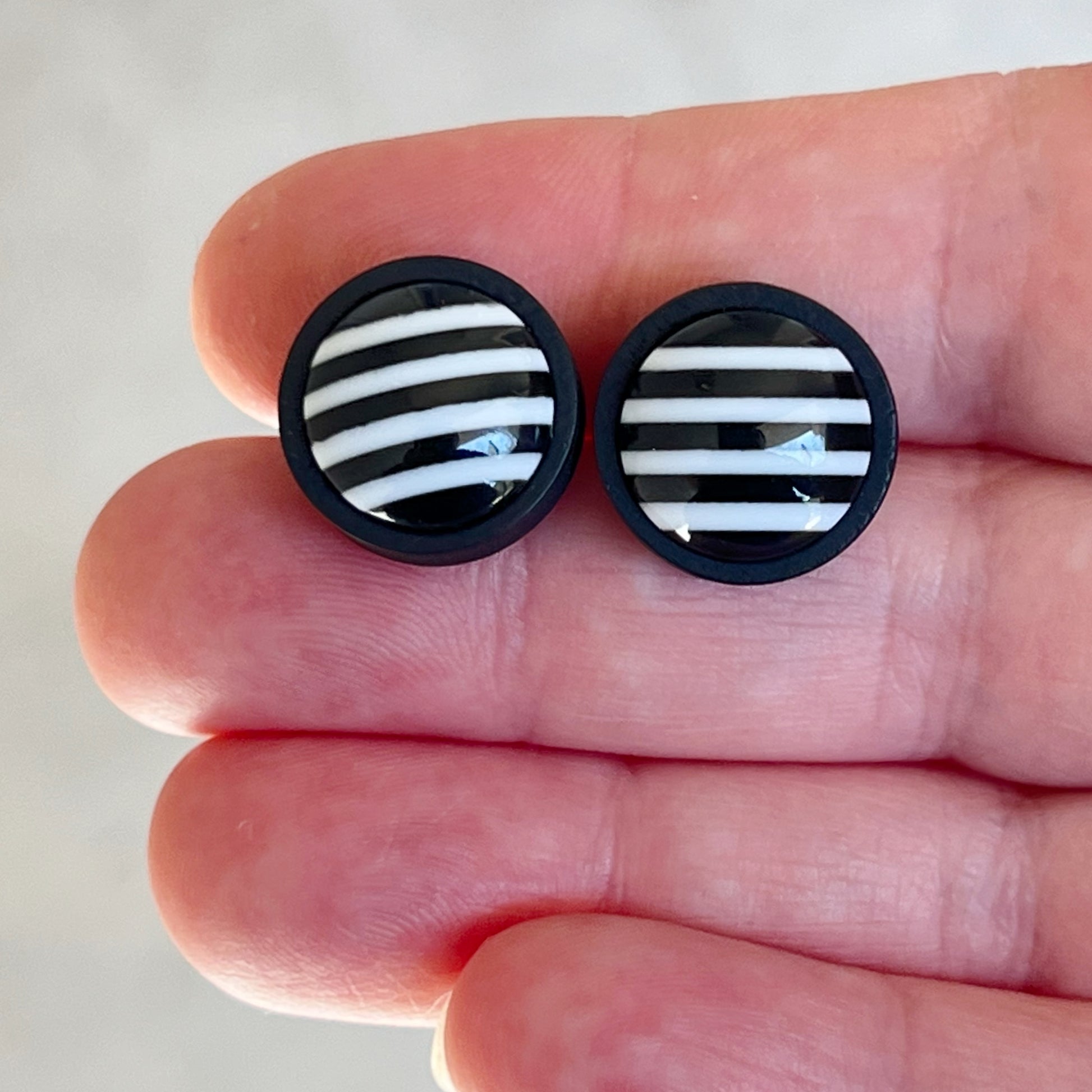 Black & White Large Striped Wood Earrings - Statement Monochrome Accessories