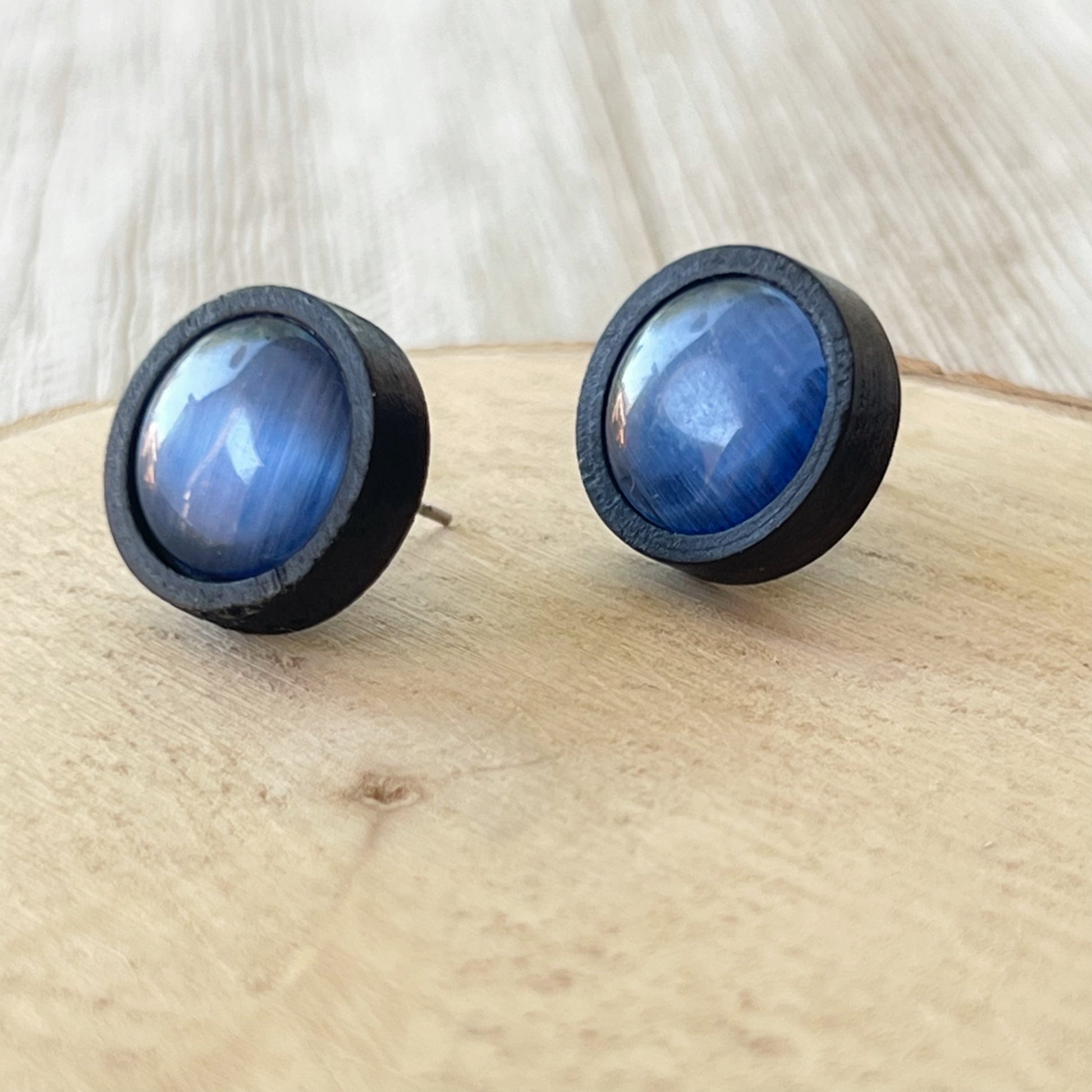 Blue Glass Black Wood Unisex Stud Earrings - Stylish & Versatile Accessories