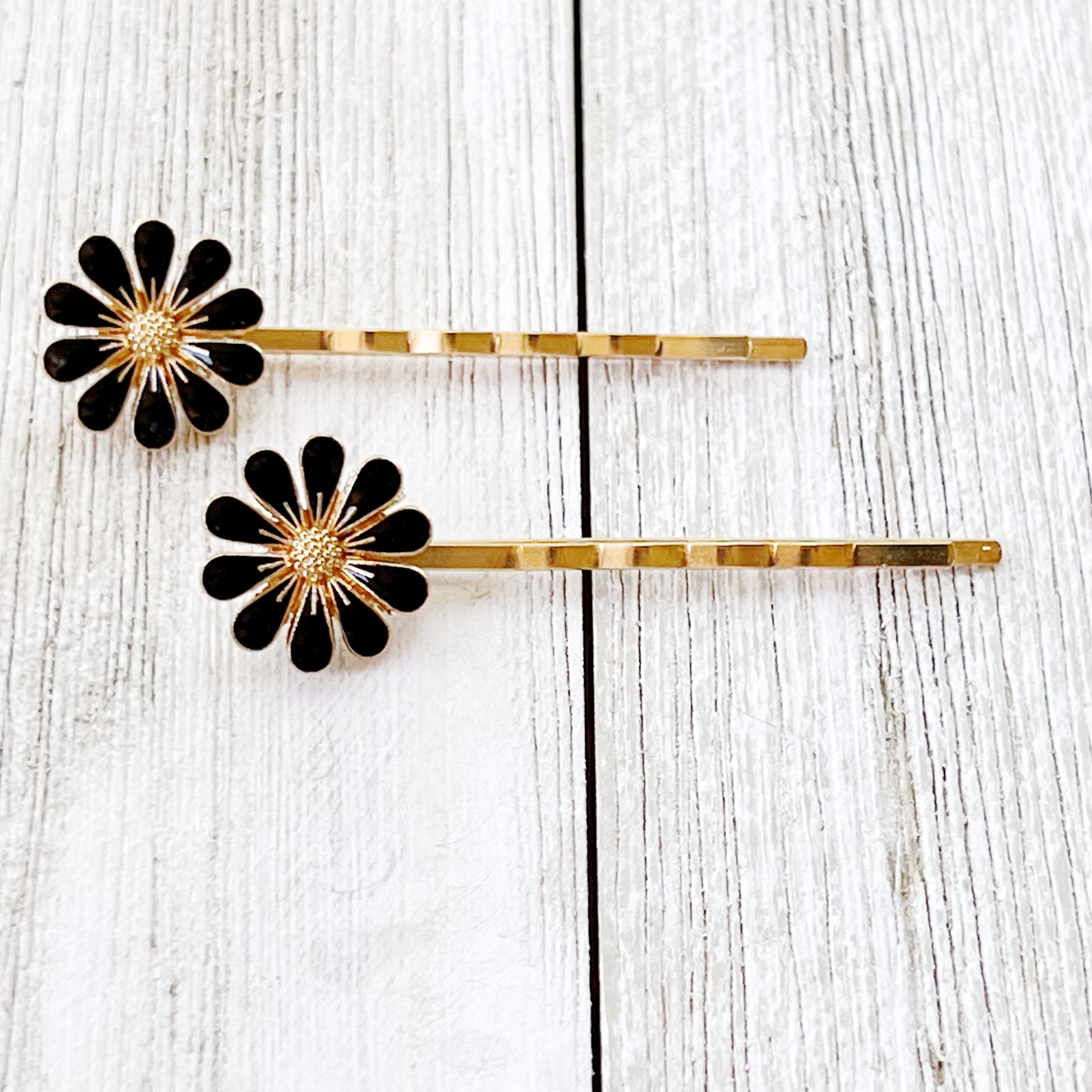 Black Enamel Flower Decorative Gold Hair Pins - Elegant Floral Hair Accessories