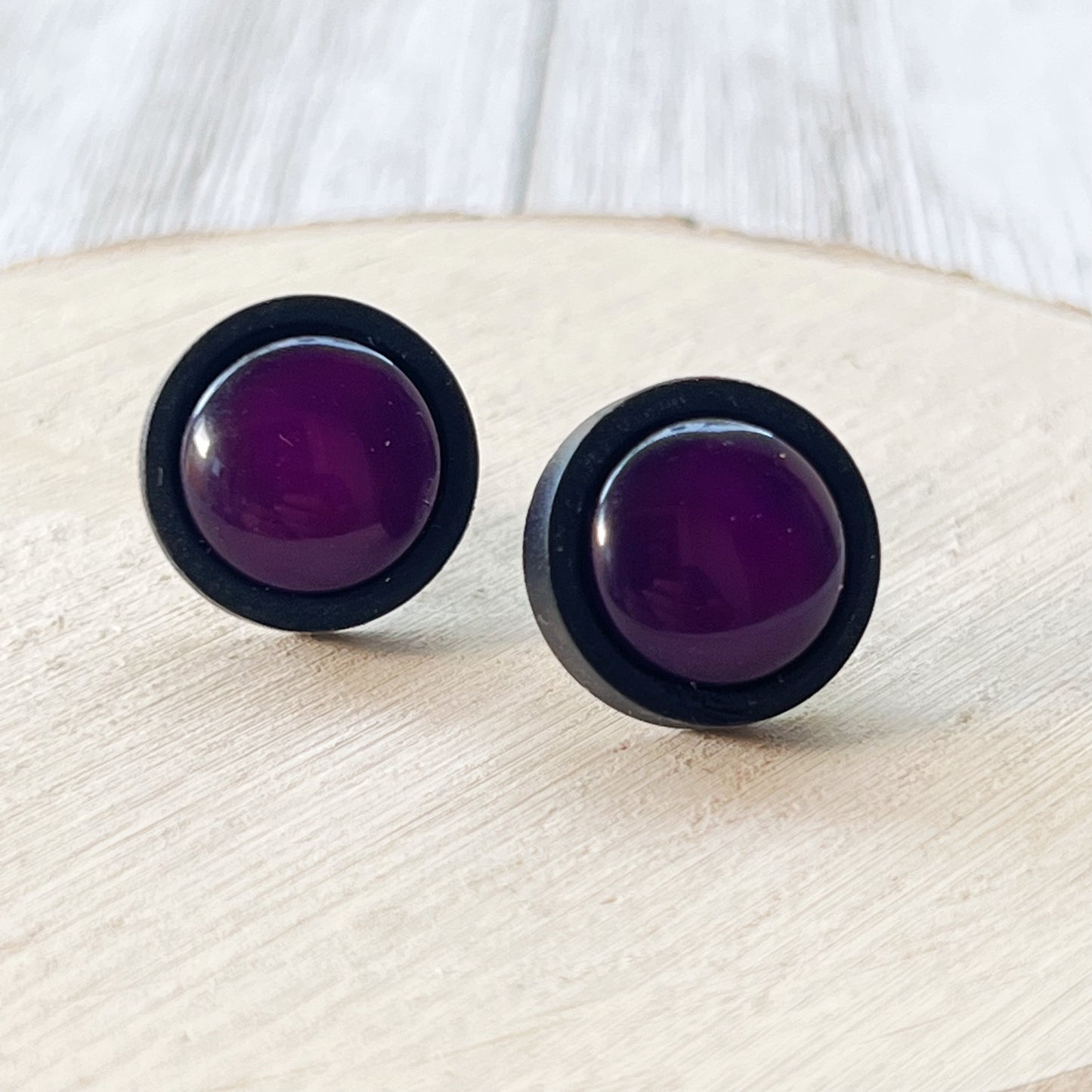 Purple Resin Black Wood Unisex Stud Earrings - Unique & Stylish Accessories