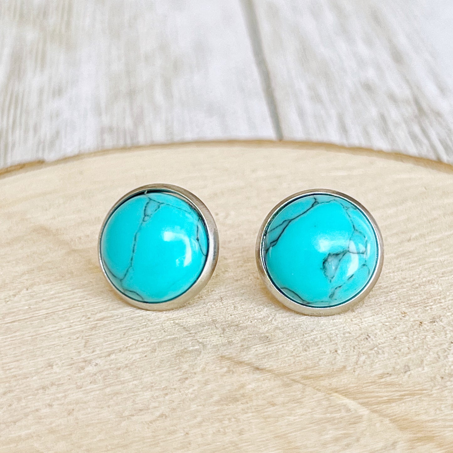Turquoise 12mm Silver Stud Earrings: Boho Western Chic Accessories
