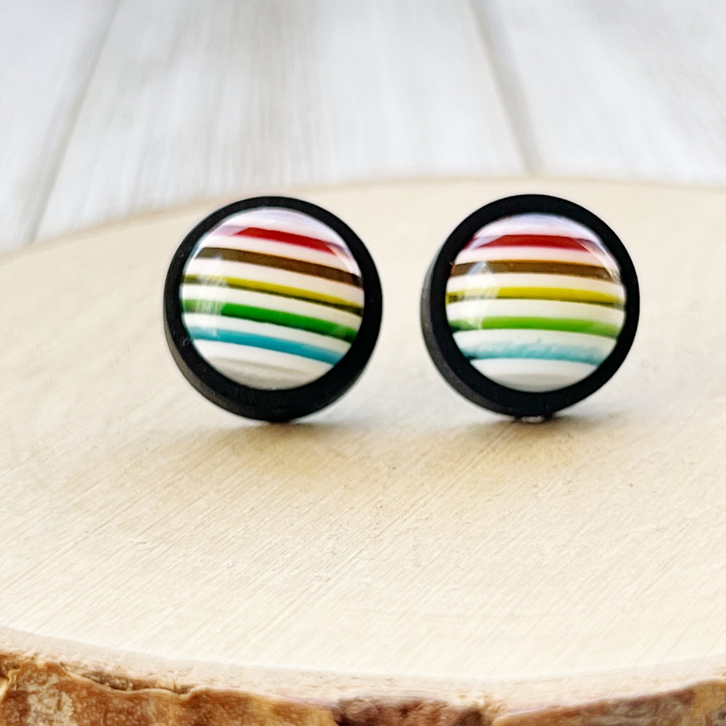 Rainbow Striped Black Wood Stud Earrings - Colorful and Unique Accessories