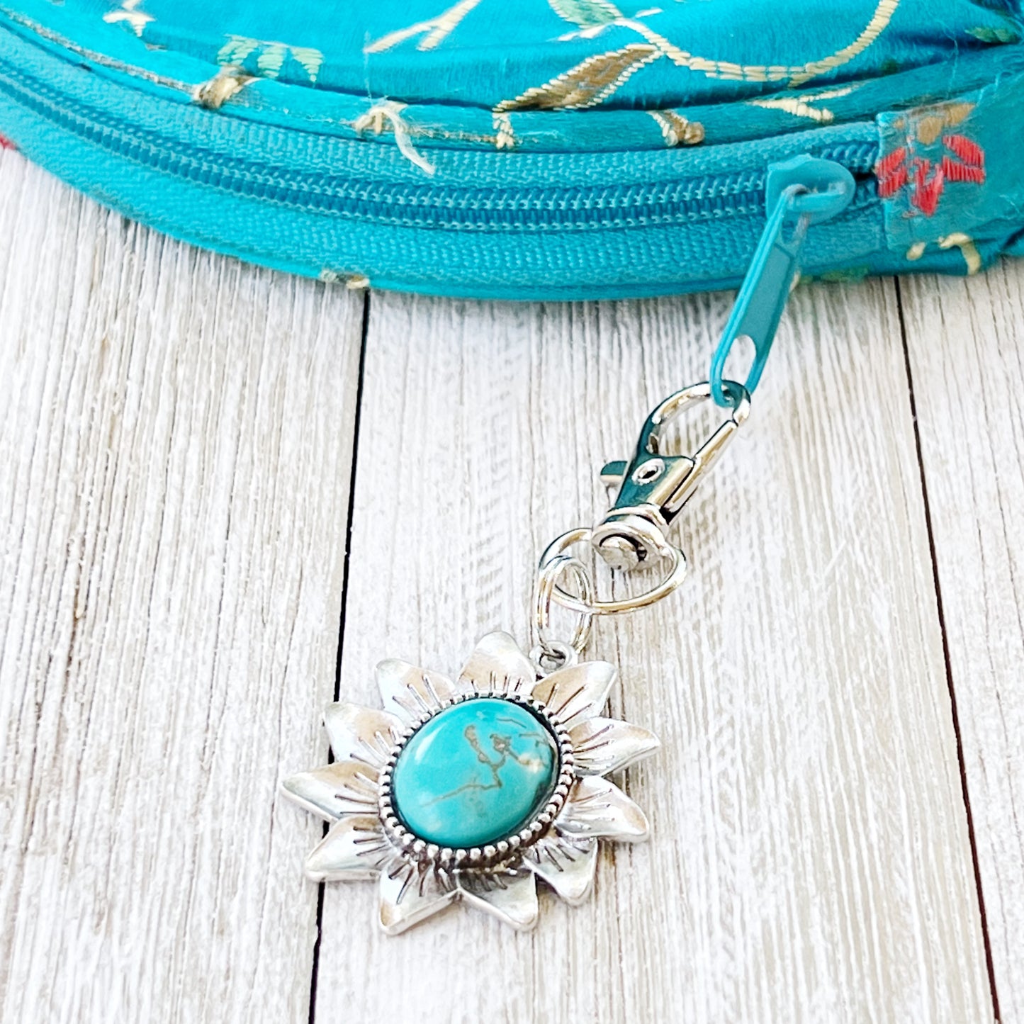 Turquoise Sunflower Boho Western Zipper Pull Purse Charm - Stylish Southwest-Inspired Accessory