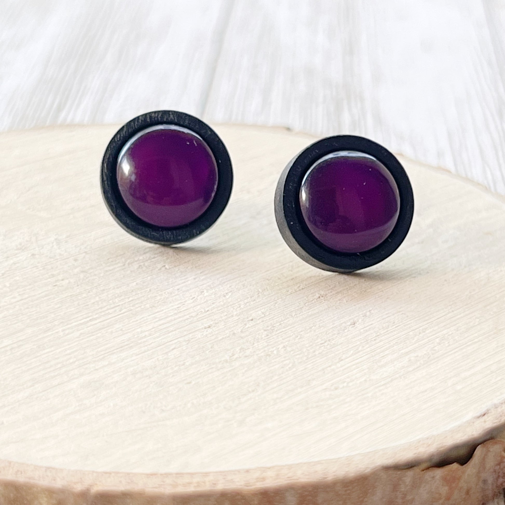 Purple Resin Black Wood Unisex Stud Earrings - Unique & Stylish Accessories