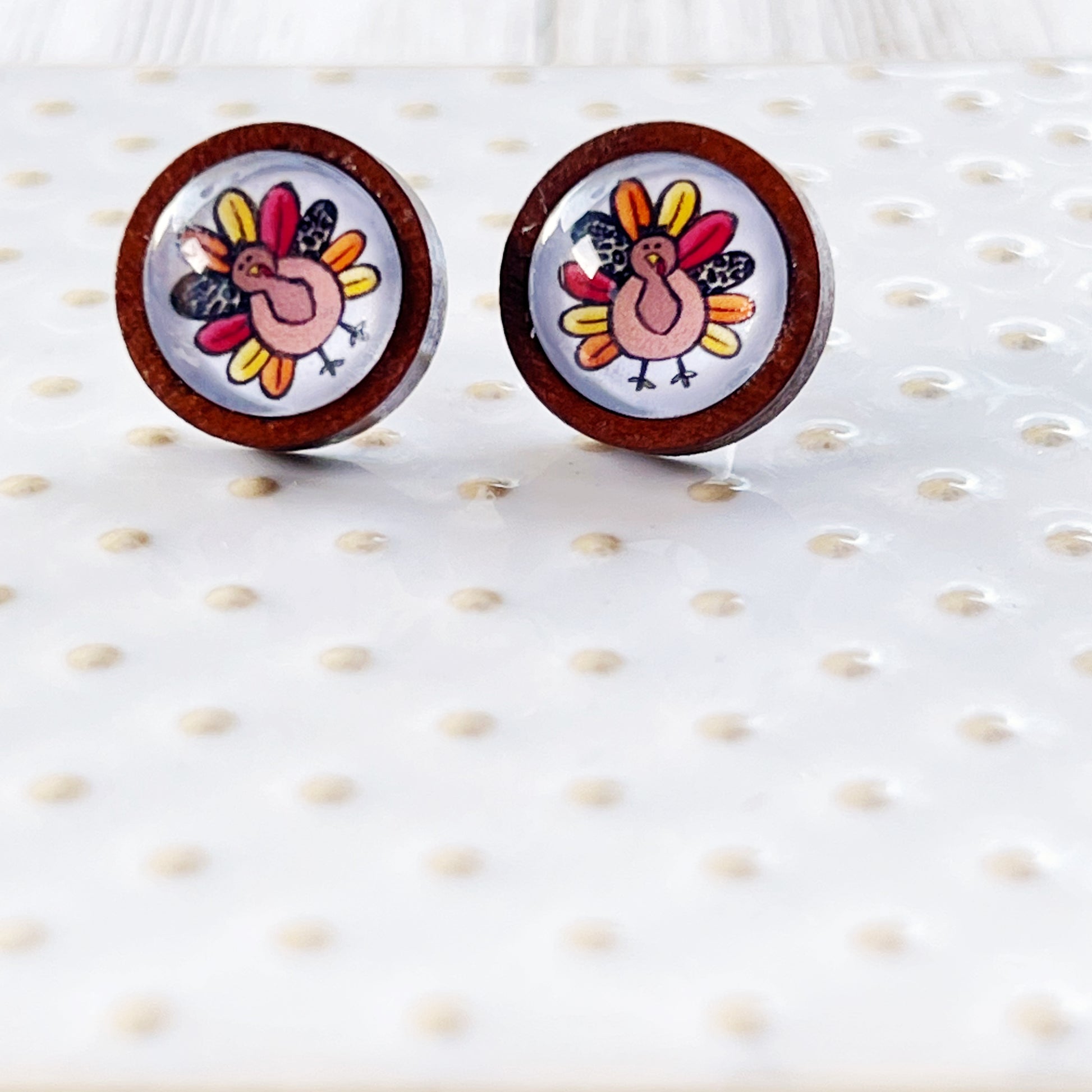 Thanksgiving Turkey Wood Stainless Steel Stud Earring