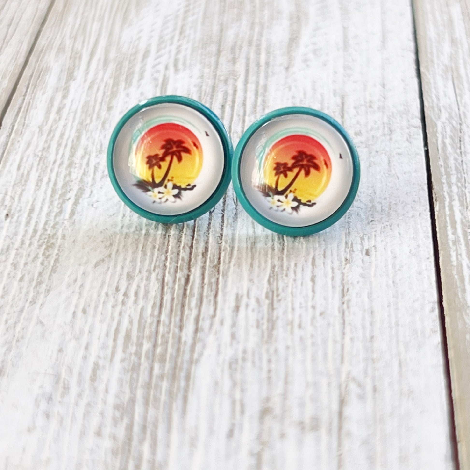 Sunset & Palm Tree Blue Stud Earrings - Tropical & Serene Accessories