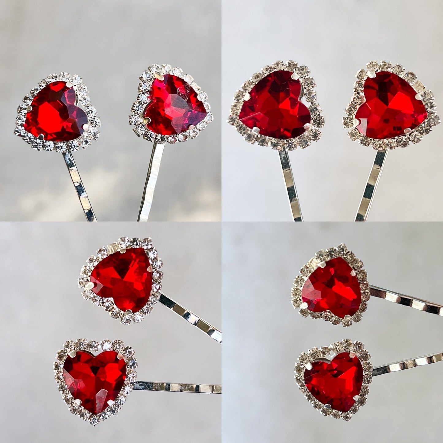 Red Rhinestone Heart Hair Pins