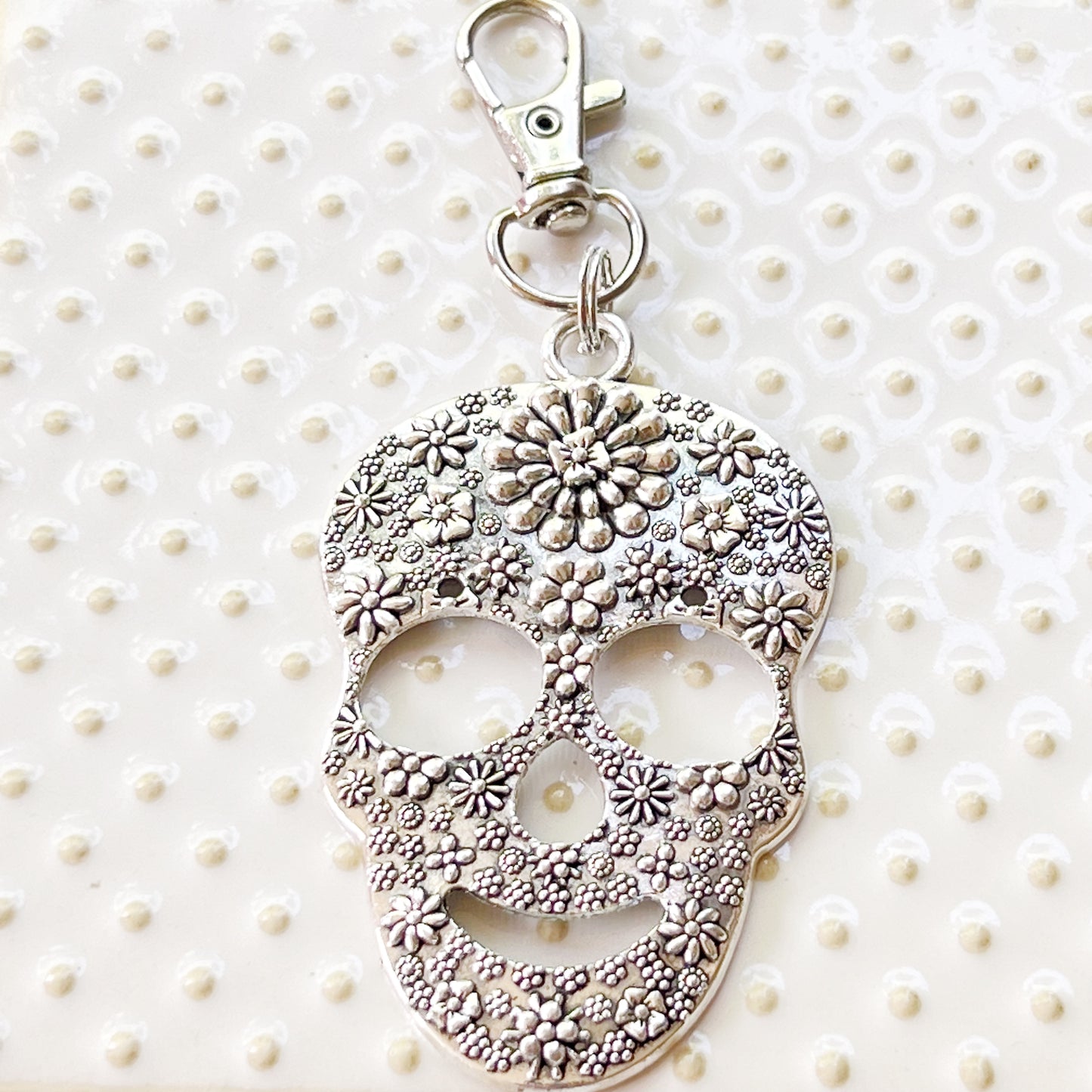 Silver Floral Skeleton Skull Zipper Pull Keychain Purse Charm