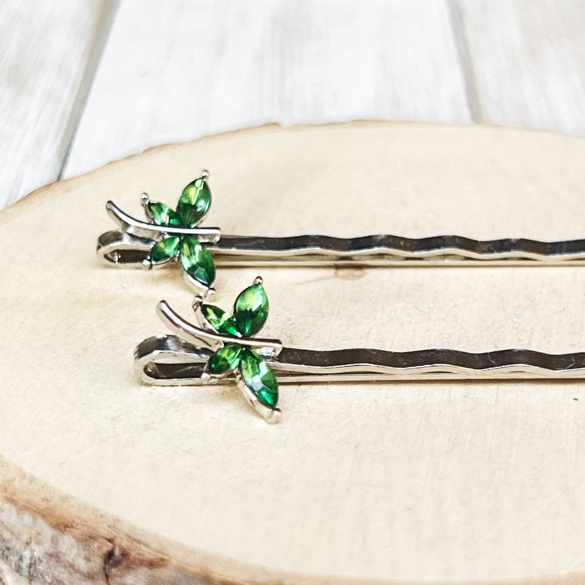 Green Rhinestone Dragonfly Hair Pins - Delicate Accents for Chic Hairstyles