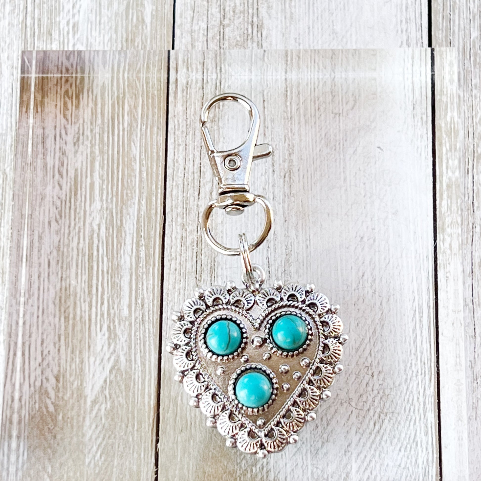 Turquoise Silver Heart Western Zipper Handbag Charm