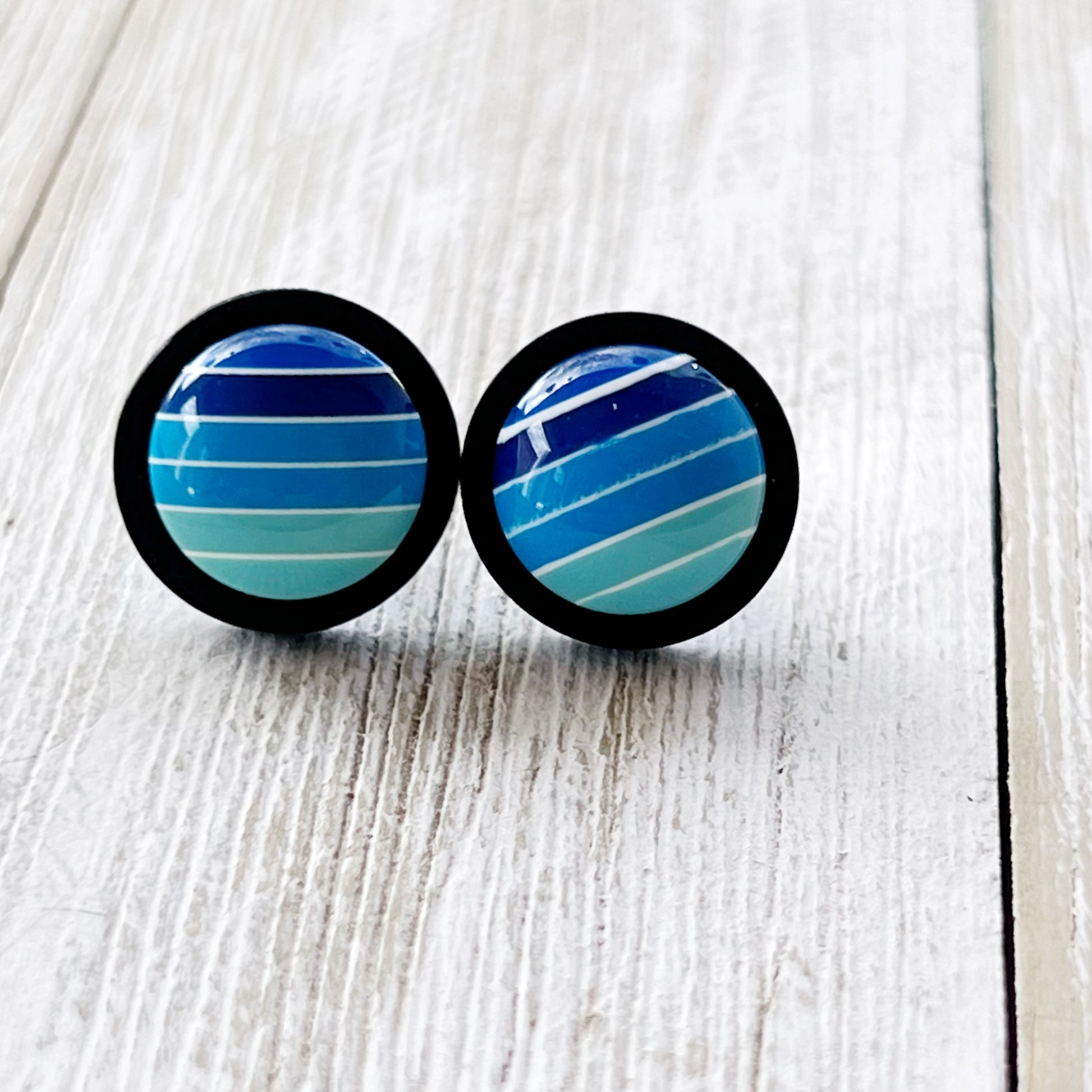 Blue Gradient Striped Black Wood Earrings - Stylish Contemporary Accessories