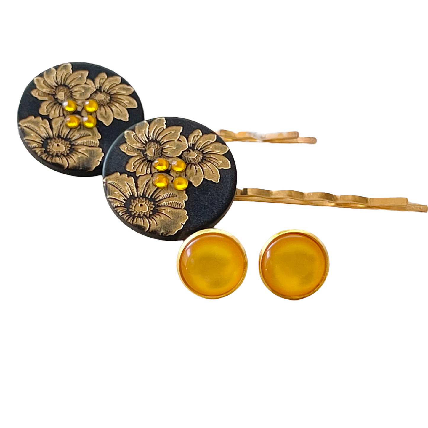 Black & Gold Sunflower Gold Bobby Pins with Matching 12mm Gold Earrings - Stylish Floral Accessories