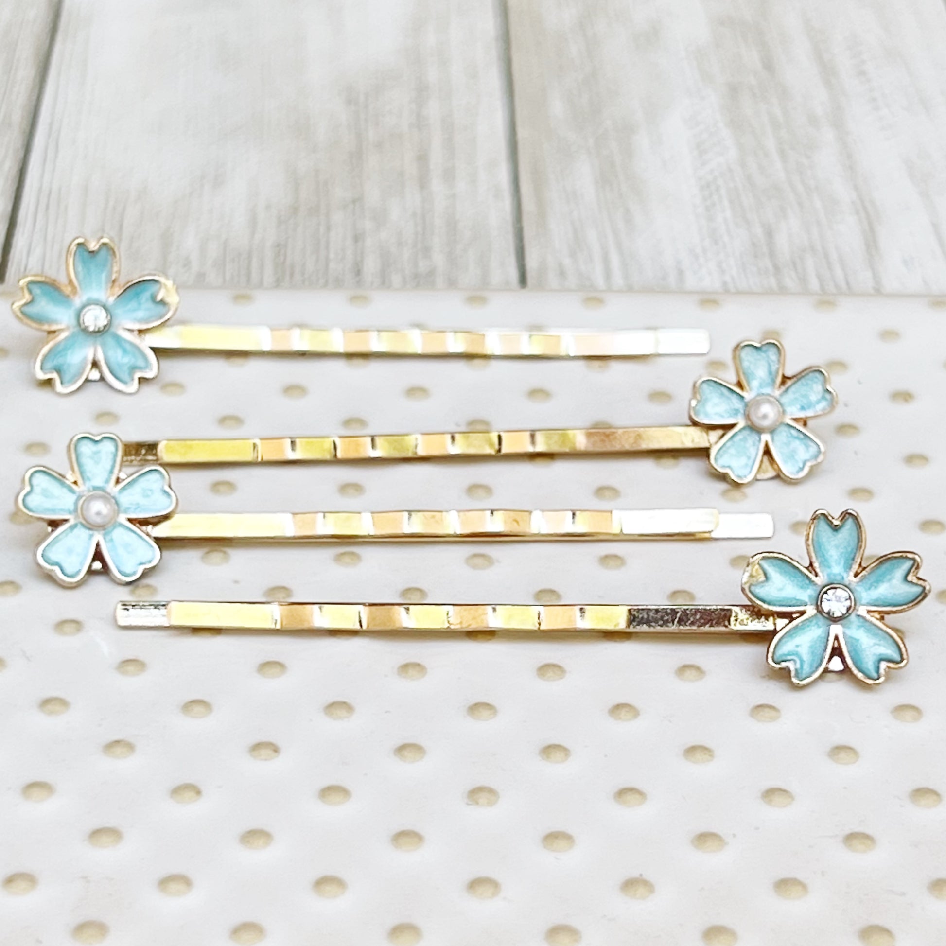 Blue Flower Hair Pins with Pearl & Rhinestone Accents - Set of 4 Elegant Accessories