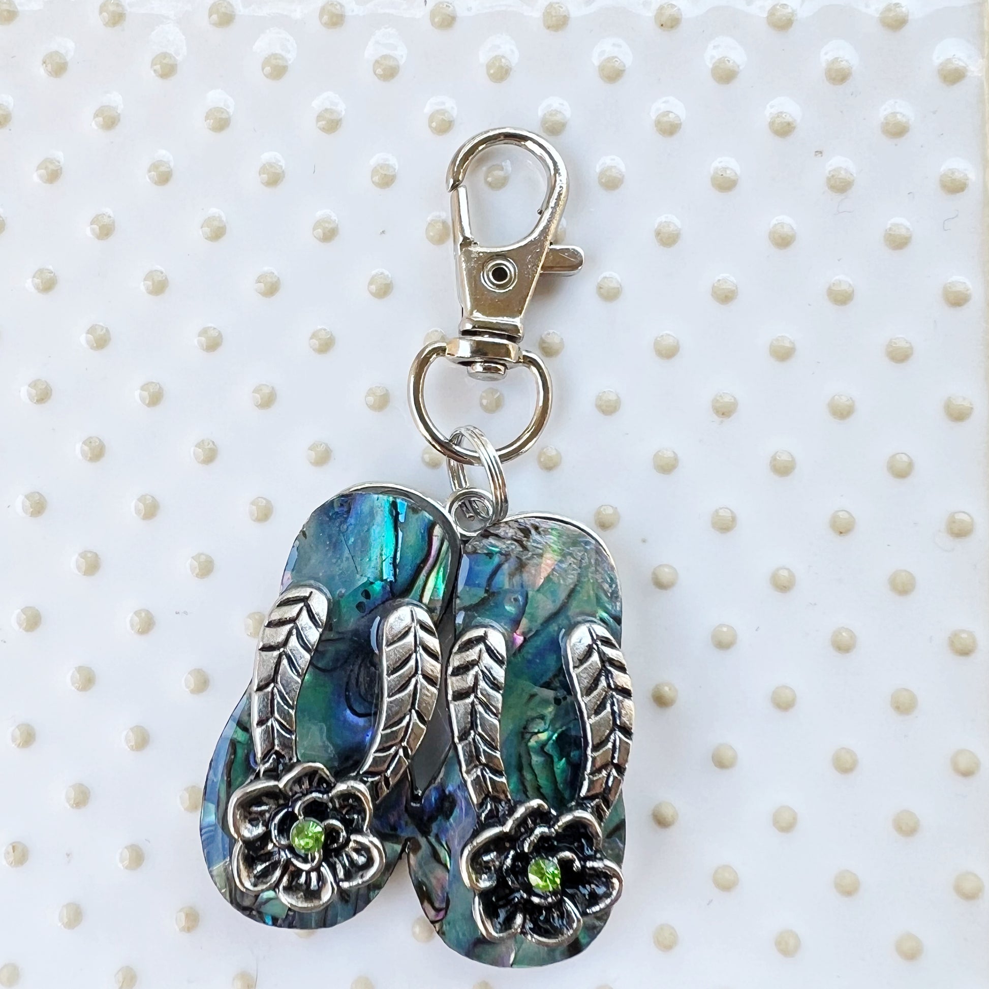 Flip Flop Floral Zipper Pull Keychain Purse Charm with Natural Abalone - Beachy Chic Accessory