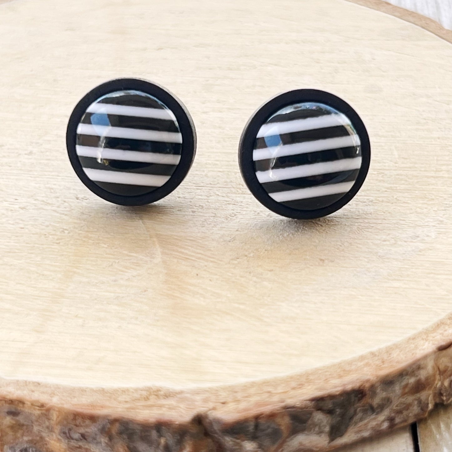 Black & White Large Striped Wood Earrings - Statement Monochrome Accessories