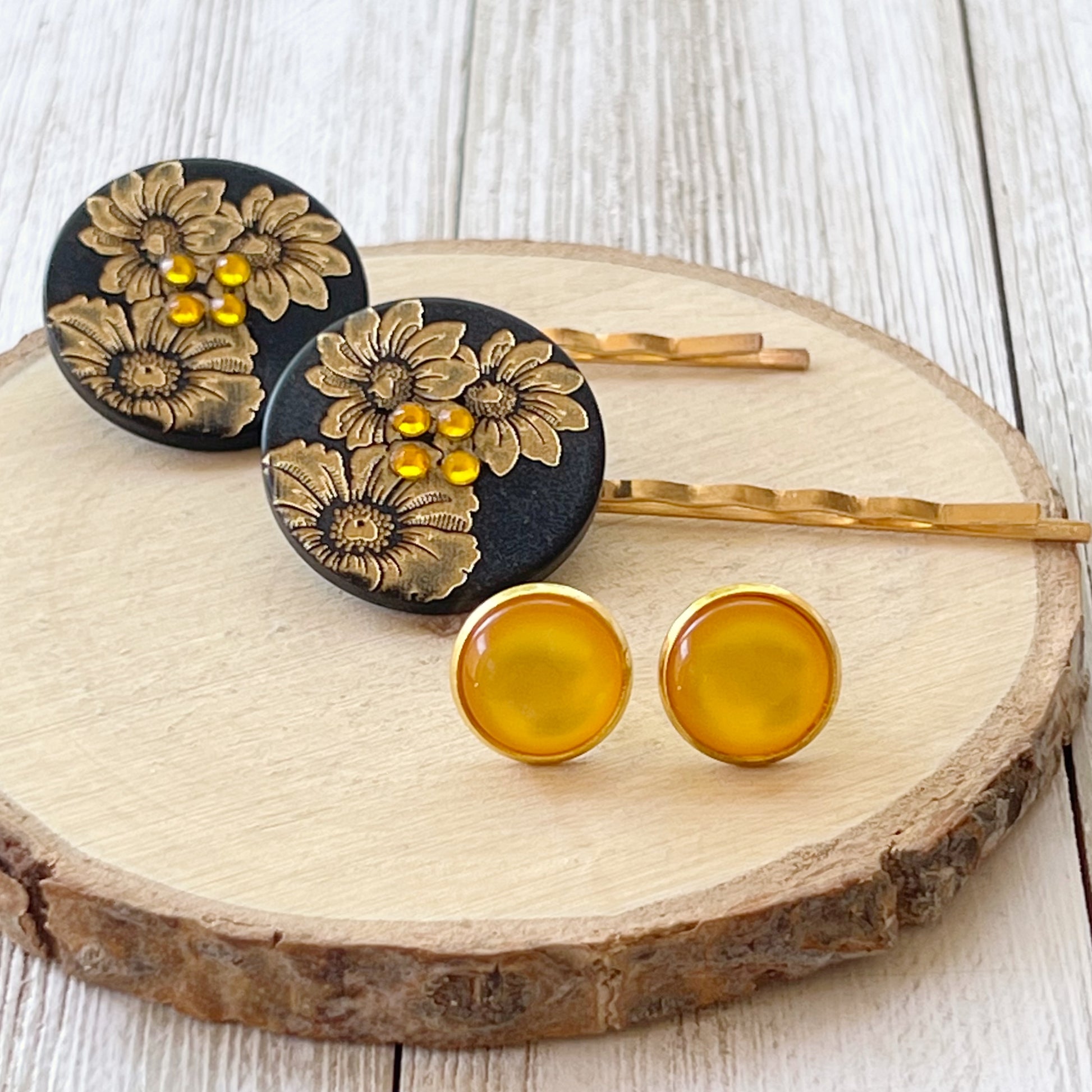 Black & Gold Sunflower Gold Bobby Pins with Matching 12mm Gold Earrings - Stylish Floral Accessories