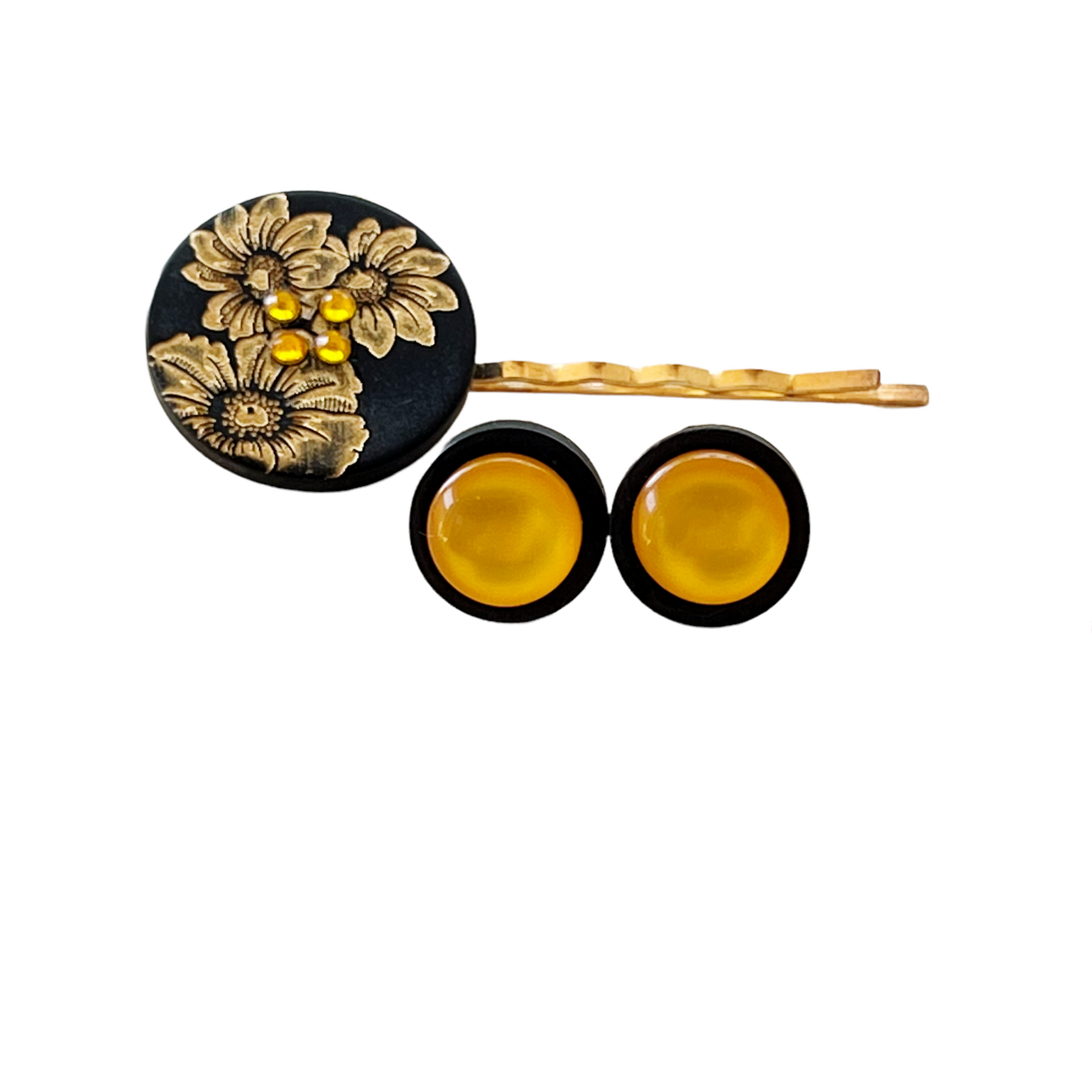Black & Gold Sunflower Gold Bobby Pin with Matching 12mm Wood Earrings - Stylish Floral Accessories