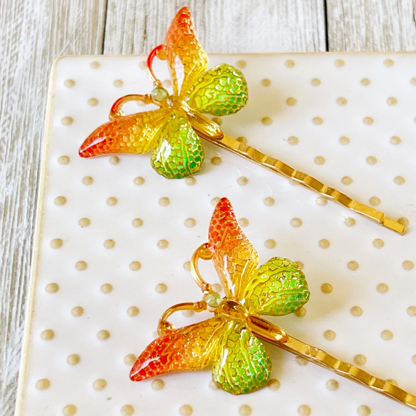 Orange & Green Butterfly Hair Pins: Vibrant Nature-inspired Accessories