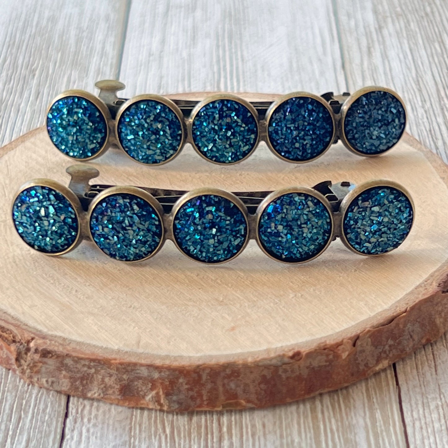 Cobalt Blue Druzy Brass Hair Clips