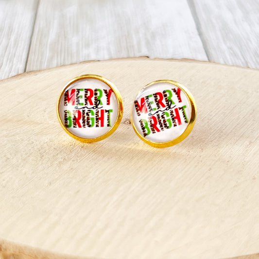 Merry & Bright Gold Christmas Stud Earrings - Festive Holiday Accessories