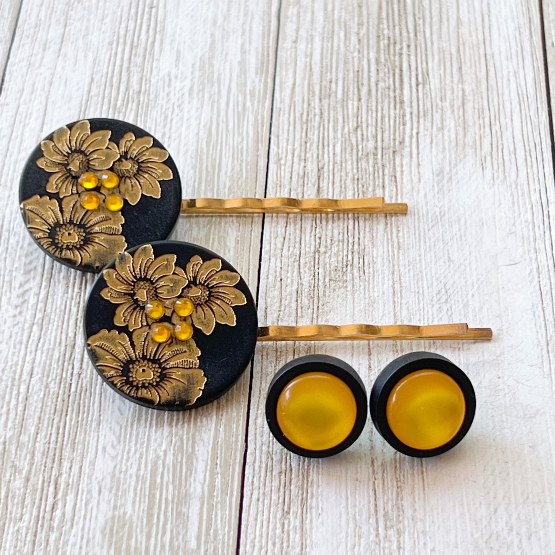 Black & Gold Sunflower Gold Bobby Pins with Matching 12mm Black Wood Earrings - Stylish Floral Accessories