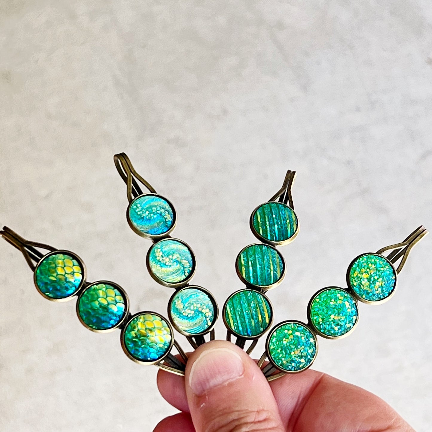 Green Glitter Druzy Hair Pin Set - Set of 4 with Unique Pattern Designs