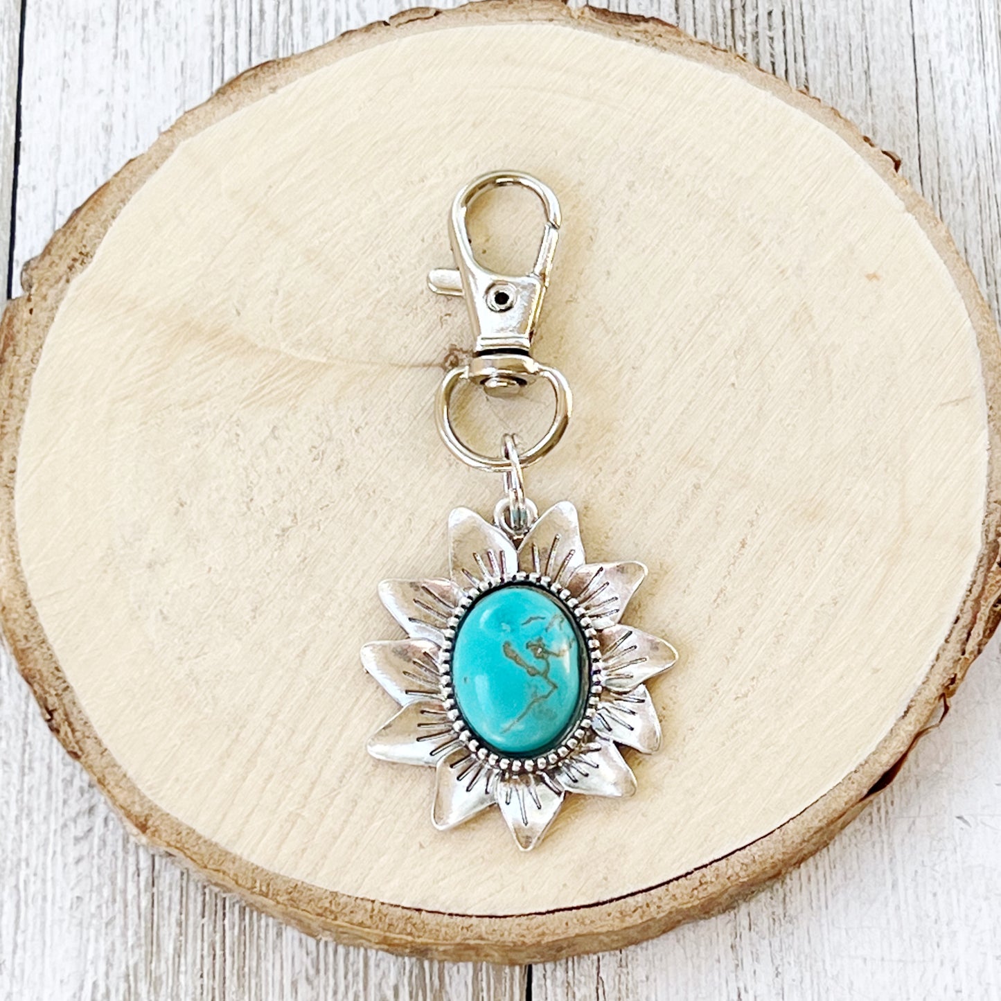 Turquoise Sunflower Boho Western Zipper Pull Purse Charm - Stylish Southwest-Inspired Accessory