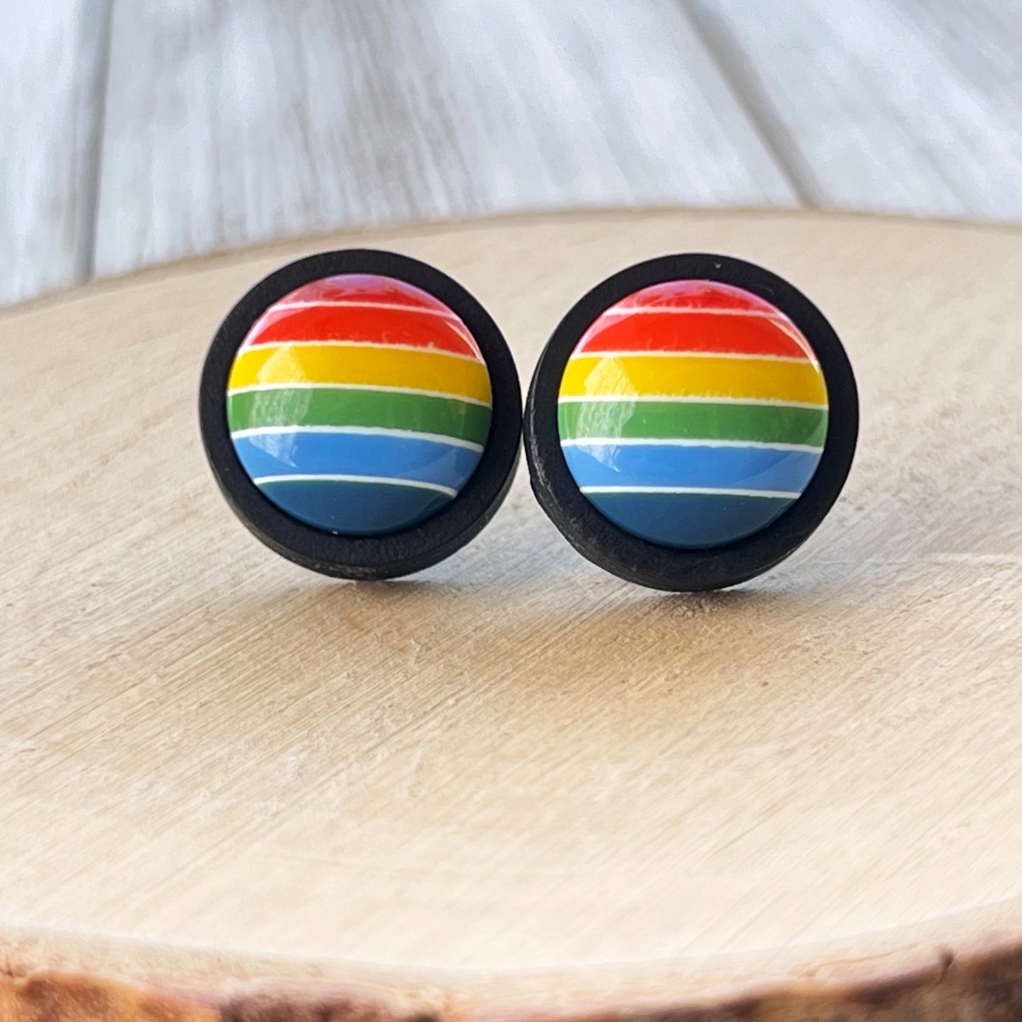 Rainbow Striped Black Wood Stud Earrings - Colorful and Unique Accessories