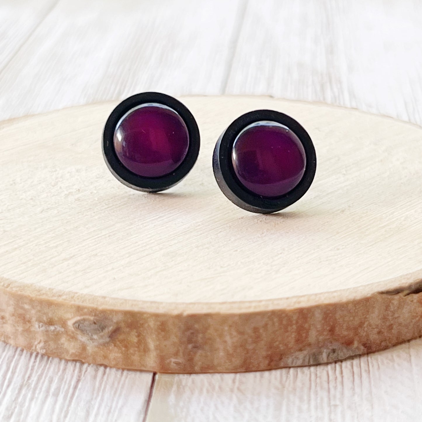 Purple Resin Black Wood Unisex Stud Earrings - Unique & Stylish Accessories