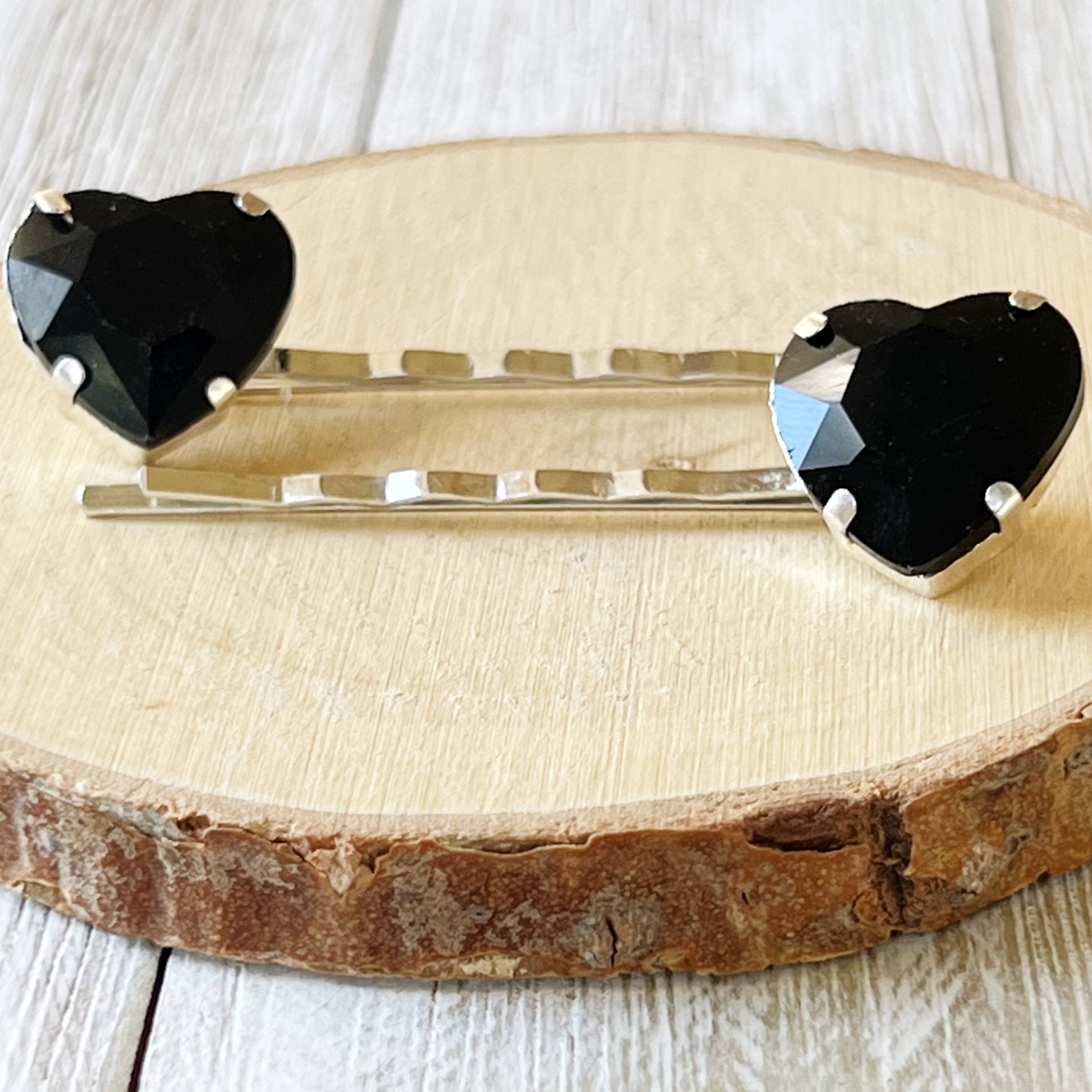 Black Rhinestone Heart Bobby Pins - Elegant and Romantic Hair Accessories