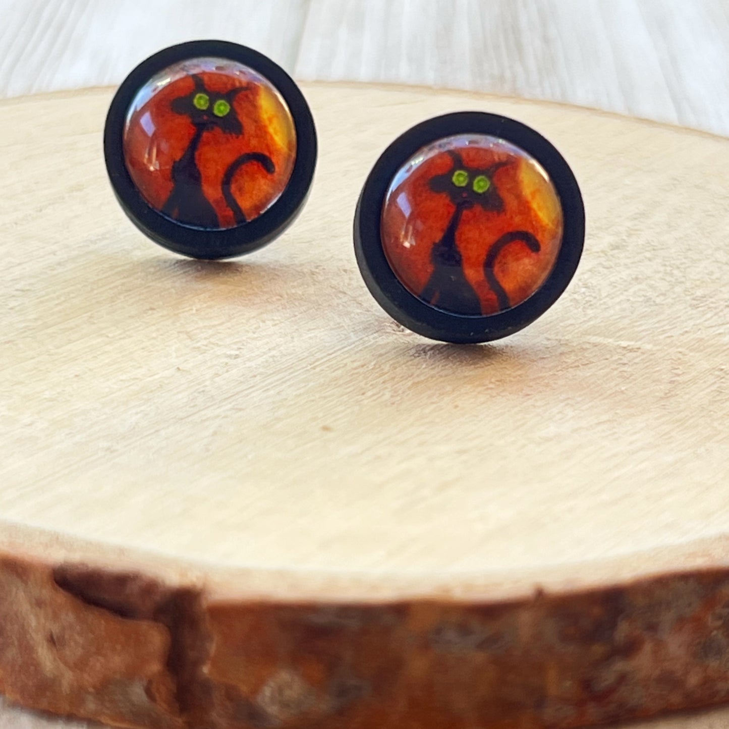 Black Cat Halloween Stainless Steel Black Wood Stud Earring - Spooky and Stylish Accessory