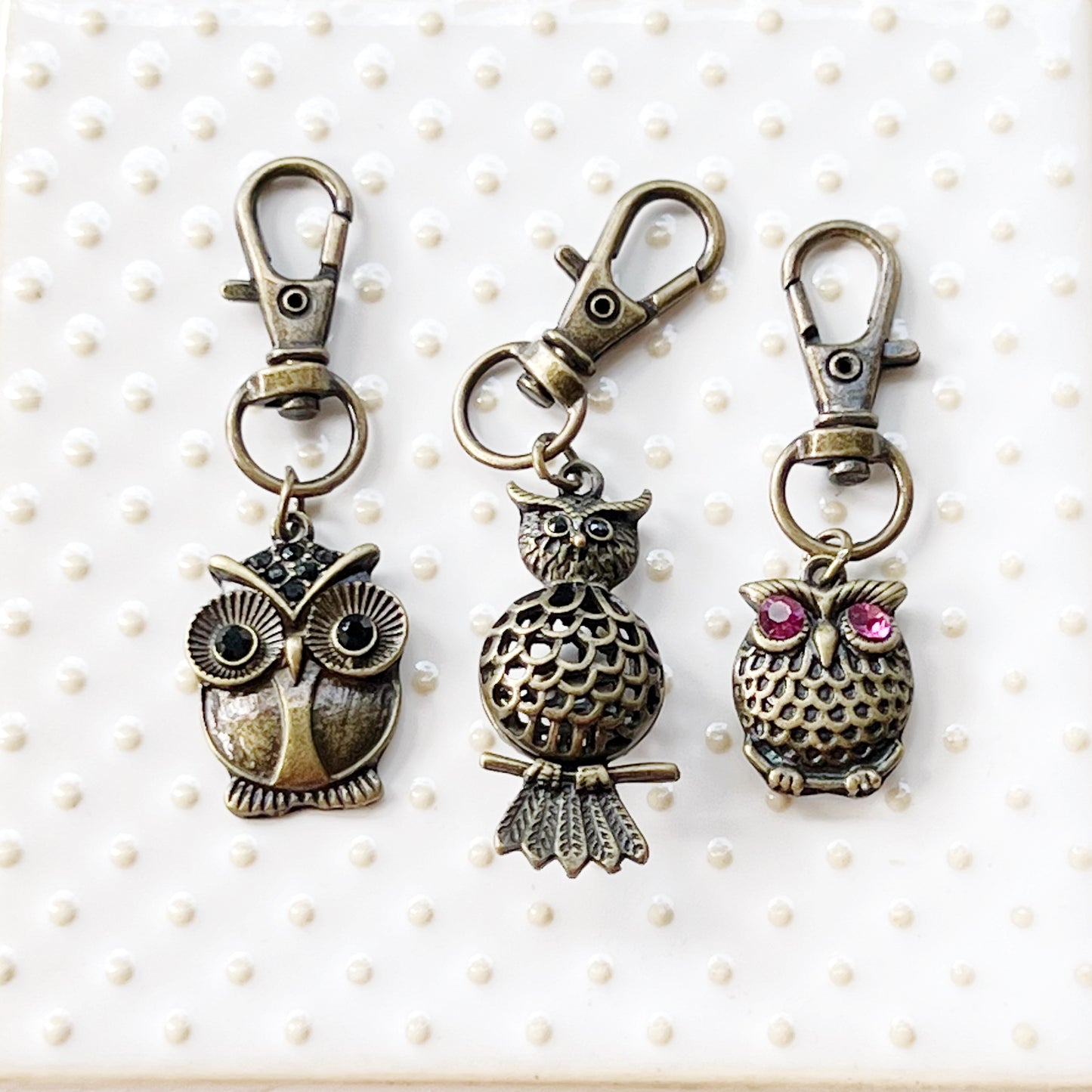 Set of 3 Brass Owl Purse Charms with Rhinestone Accents