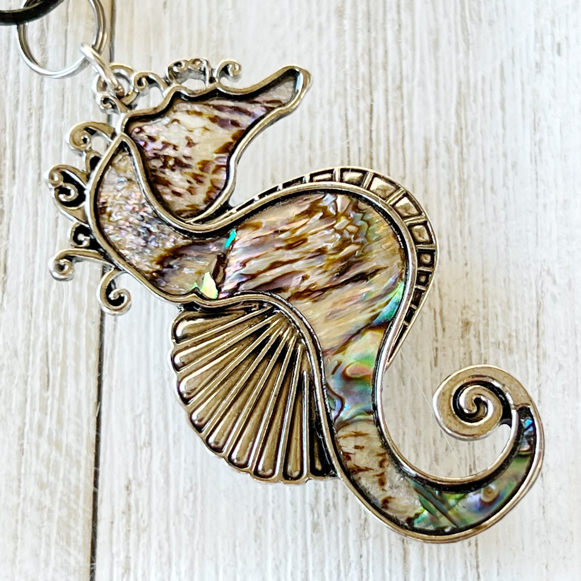 Seahorse Zipper Pull Keychain Charm with Natural Abalone: Coastal Elegance for Your Purse