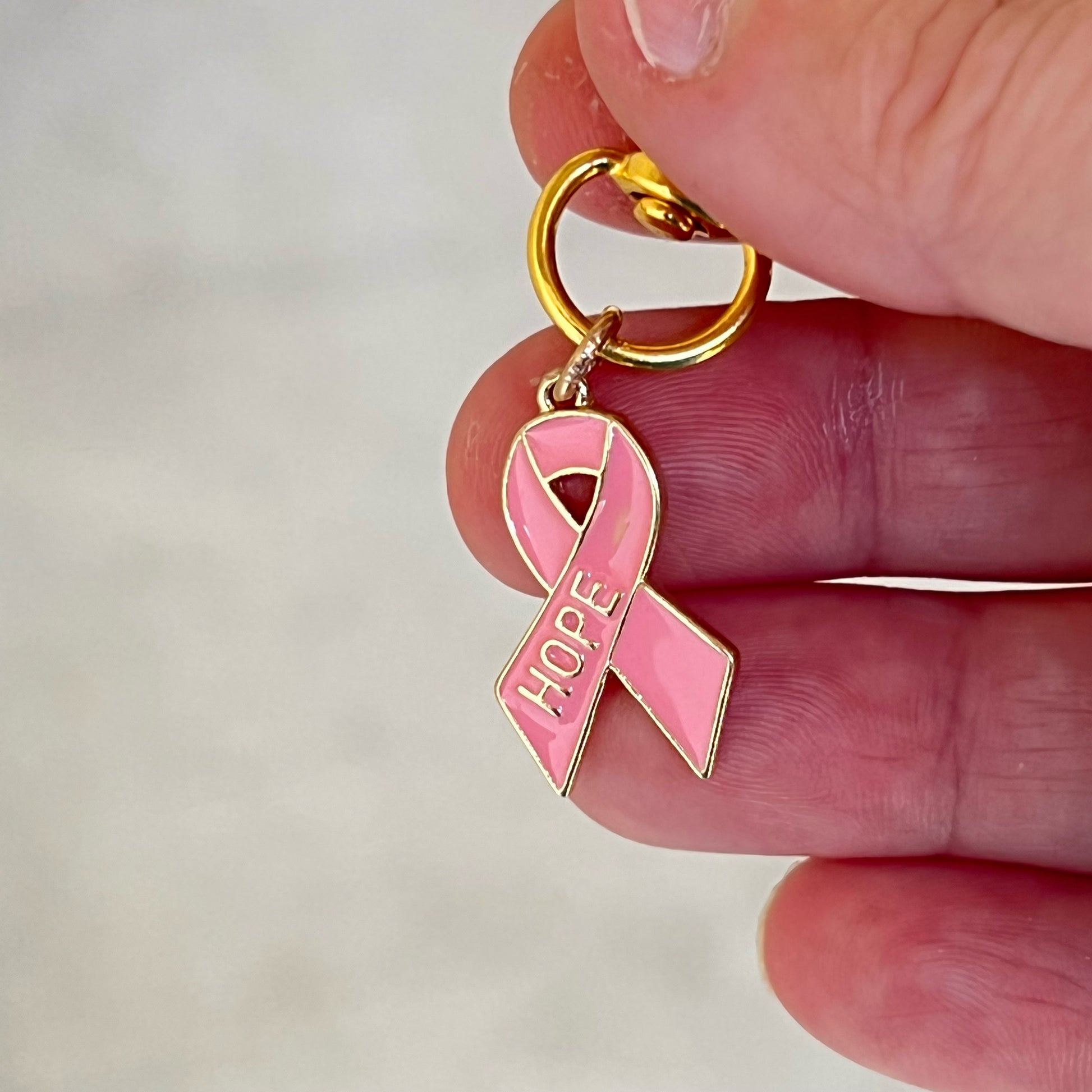 Pink Cancer Awareness Ribbon Zipper Pull Keychain Charm with Rhinestones