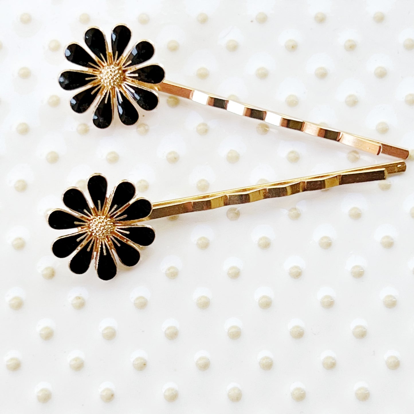 Black Enamel Flower Decorative Gold Hair Pins - Elegant Floral Hair Accessories