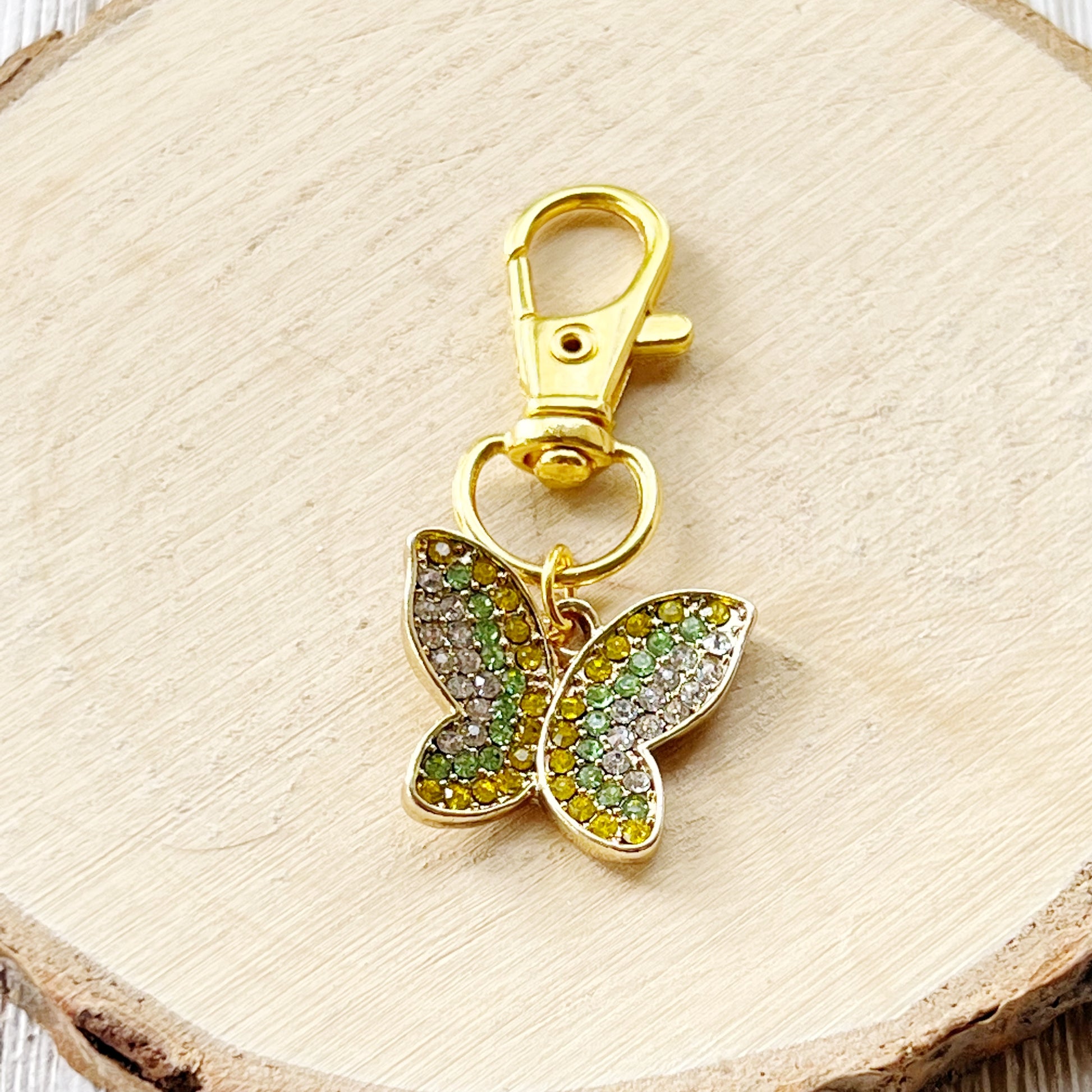 Yellow & Green Butterfly Zipper Pull Keychain Charm with Rhinestones - Stylish and Whimsical Accessory for Your Bag