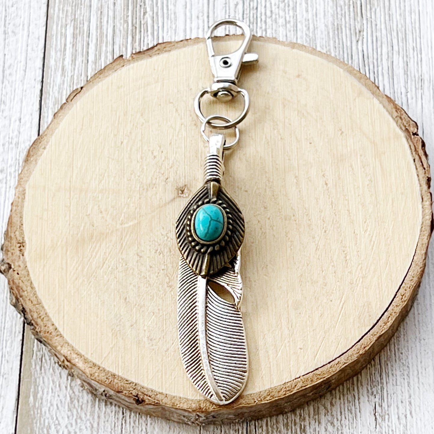 Turquoise Silver Feather Western Zipper Pull Keychain Charm