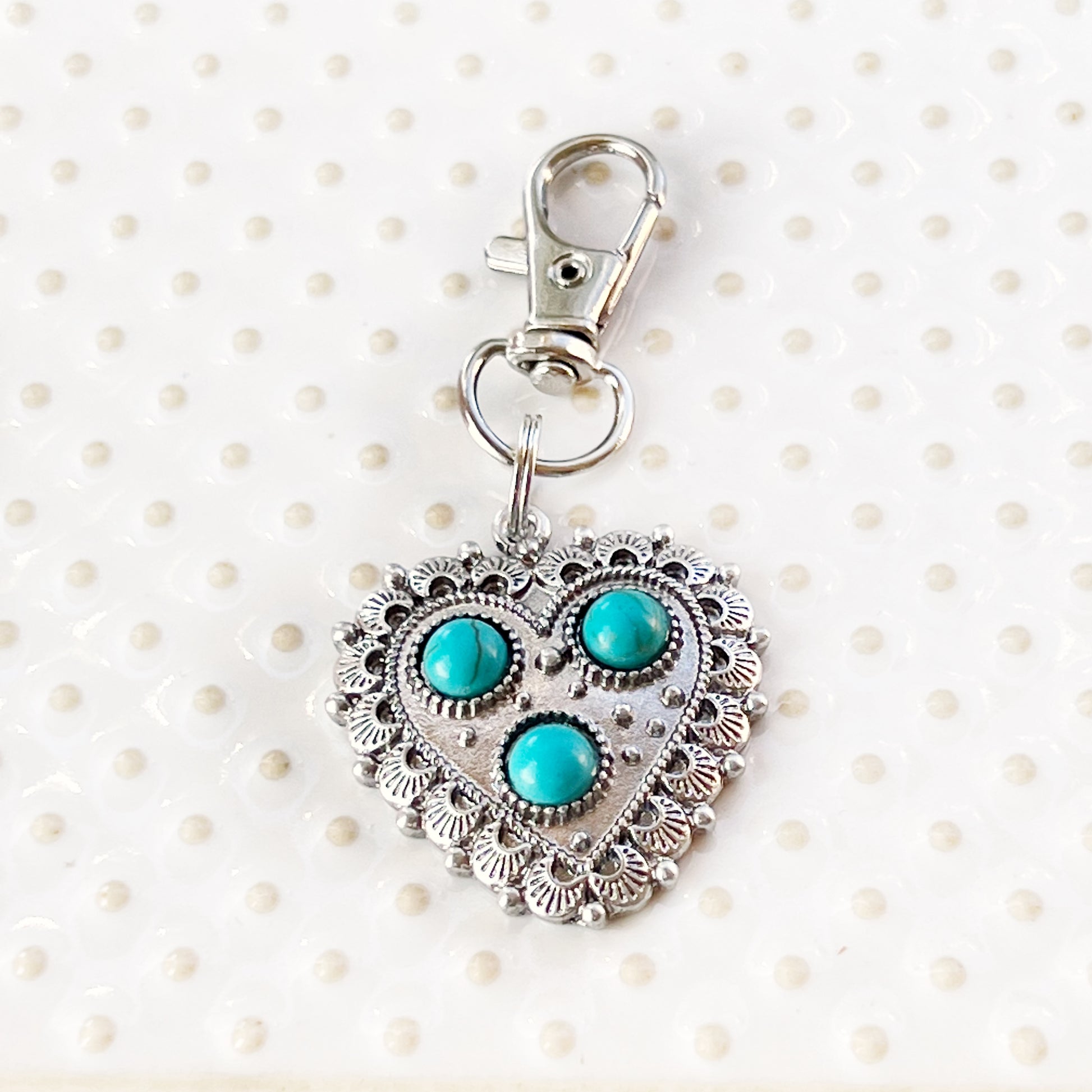 Turquoise Silver Heart Western Zipper Handbag Charm