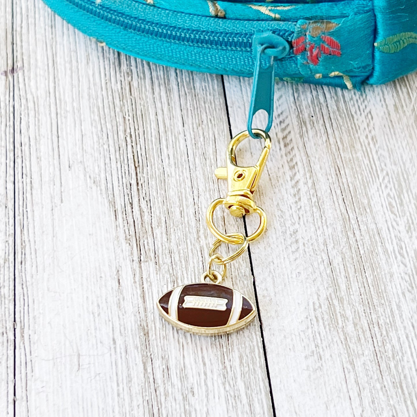 I Love Football Zipper Pull Keychain Charm with Rhinestones